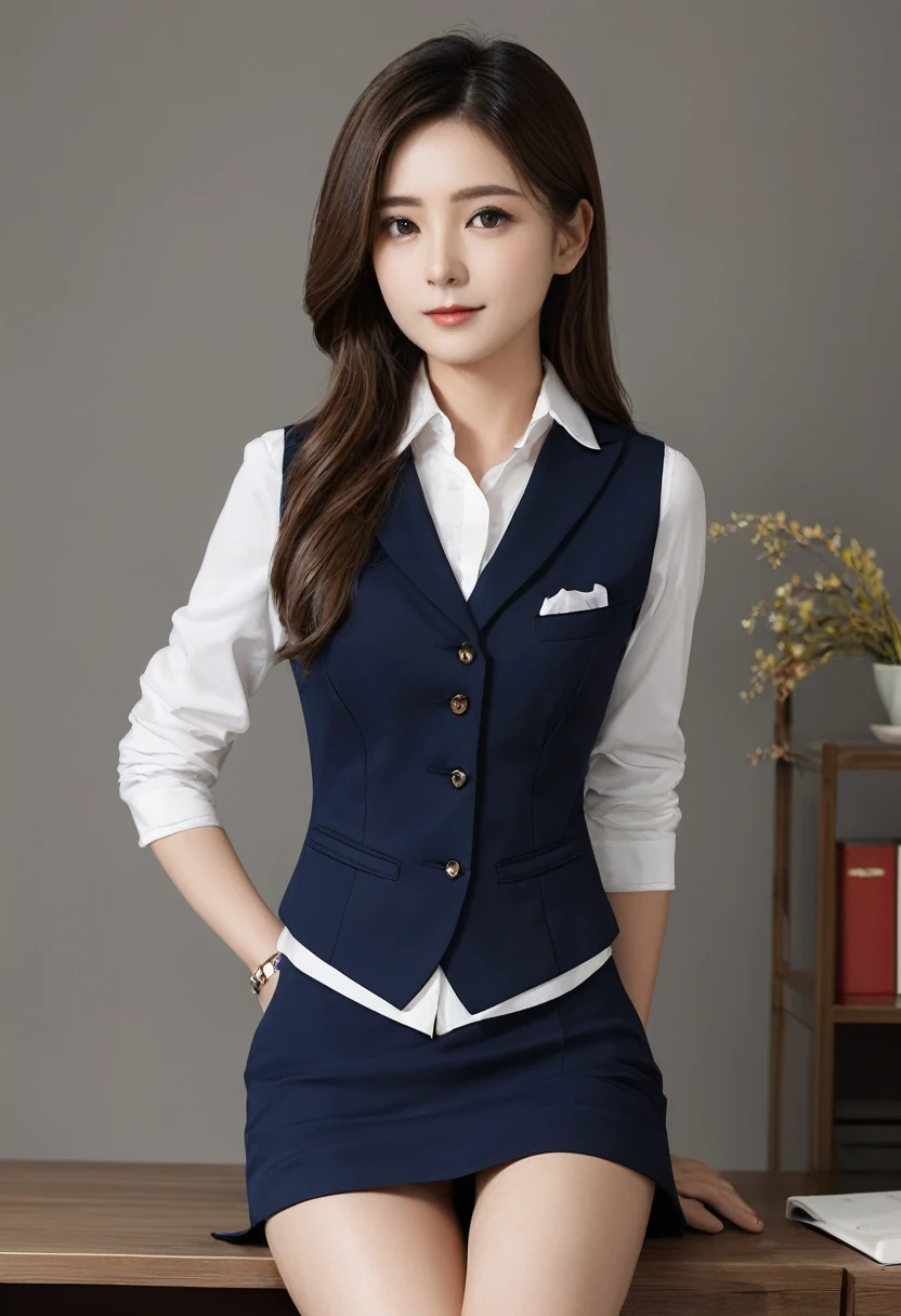 25-year-old office lady、(Full body photo:1.5)、(Plain dark blue vest:1.2)、(紺色の膝下丈くらいのOffice worker uniformのペンシルスカート:1.2)、Elegant long hair、Intelligent married woman、Beautifully detailed hair、Beautiful and detailed brown eyes、beautiful flat chest、Beautiful, clear skin、Medium chest、Office worker uniform、Woman&#39;s wedding ring on the ring finger of her left hand、(紺色の膝下丈くらいのOffice worker uniformのペンシルスカート:1.2)、Detailed face、Detailed eyes、