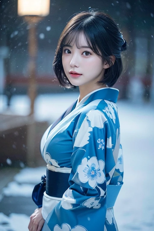 (Blue translucent Kimono)、(top-quality,​masterpiece:1.3,超A high resolution,),(ultra-detailliert,Caustics),(Photorealsitic:1.4,RAW shooting,)Ultra-realistic capture,A highly detailed,high-definition16Kfor human skin、 Skin texture is natural、enormous round breasts、The skin looks healthy with an even tone、 Use natural light and color,One Woman, Japanese,kawaii,A dark-haired,Short bob hair, head to knee, (depth of fields、chromatic abberation、、Wide range of lighting、Natural Shading、)、(Exterior light at night:1.4)、(Falling snow:1.2)、(Hair swaying in the wind:1.1)、(Light reflecting snow:1.2)、