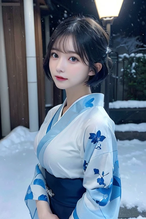 (Blue translucent Kimono)、(top-quality,masterpiece:1.3,超A high resolution,),(ultra-detailliert,Caustics),(Photorealsitic:1.4,RAW shooting,)Ultra-realistic capture,A highly detailed,high-definition16Kfor human skin、 Skin texture is natural、enormous round breasts、The skin looks healthy with an even tone、 Use natural light and color,One Woman, Japanese,kawaii,A dark-haired,Short bob hair, head to knee, (depth of fields、chromatic abberation、、Wide range of lighting、Natural Shading、)、(Exterior light at night:1.4)、(Falling snow:1.2)、(Hair swaying in the wind:1.1)、(Light reflecting snow:1.2)、