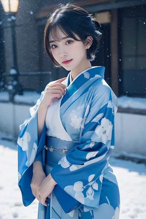 (Blue translucent Kimono)、(top-quality,masterpiece:1.3,超A high resolution,),(ultra-detailliert,Caustics),(Photorealsitic:1.4,RAW shooting,)Ultra-realistic capture,A highly detailed,high-definition16Kfor human skin、 Skin texture is natural、enormous round breasts、The skin looks healthy with an even tone、 Use natural light and color,One Woman, Japanese,kawaii,A dark-haired,Short bob hair, head to knee, (depth of fields、chromatic abberation、、Wide range of lighting、Natural Shading、)、(Exterior light at night:1.4)、(Falling snow:1.2)、(Hair swaying in the wind:1.1)、(Light reflecting snow:1.2)、