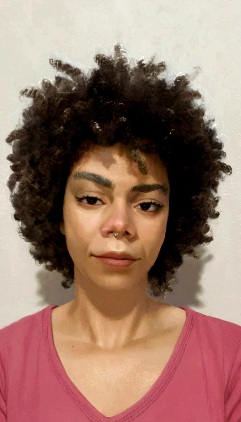 branca estilo desenho animado, Pixar, cabelo crespo no ombro