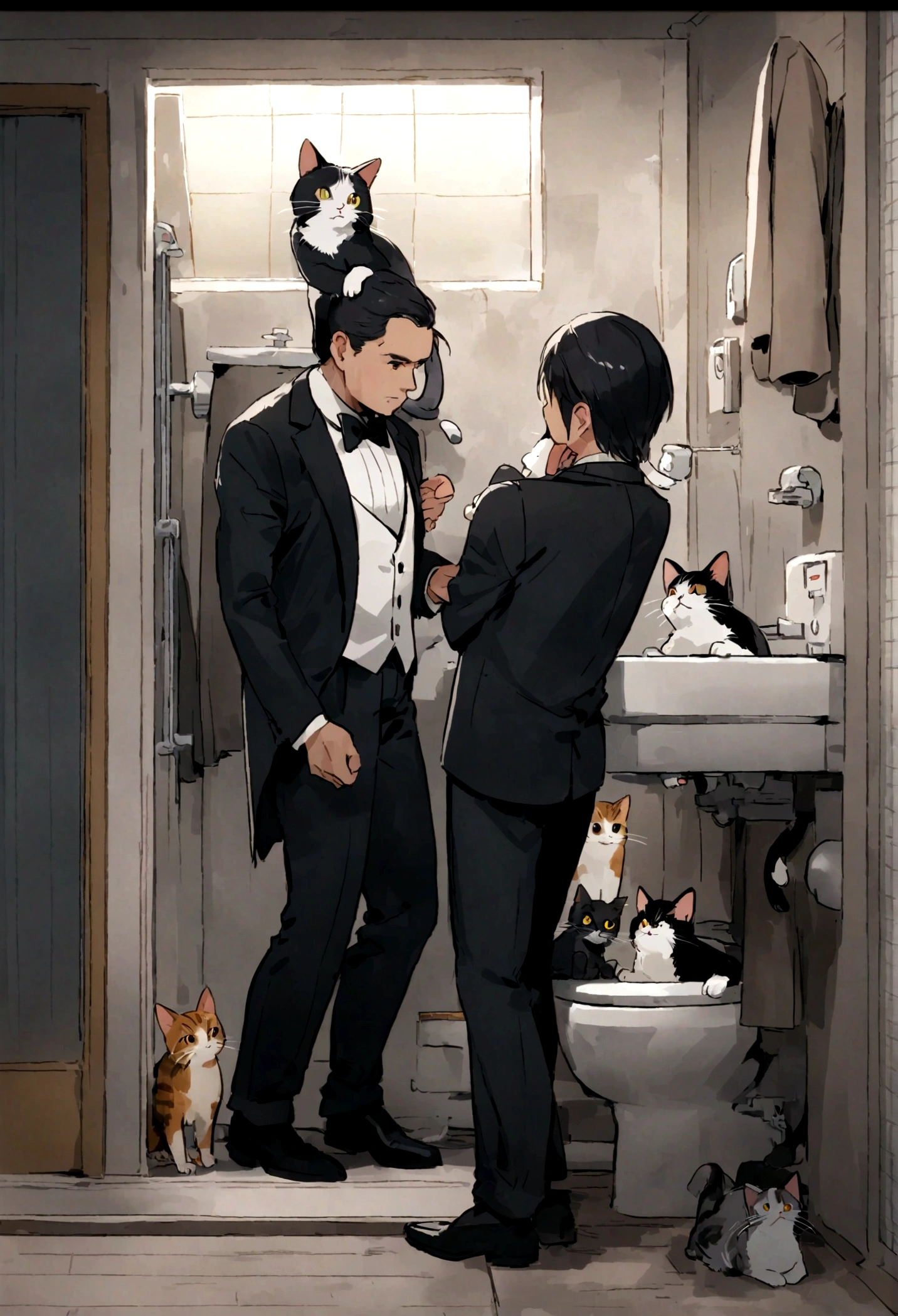 there are two Cat dressed in suits and ties in a bathroom, business suit, Wearing a suit!, there is nothing, Meeting Preparation, tuxedo, two Cat, real tom and jerry, cute Cat, Wearing a suit, Cat , 子Cat, cowboy Cat, wearing a tuxedo, colleague, wearing tuxedo, Formal attire, cute 子Cat, Cat, タバコを吸うCat