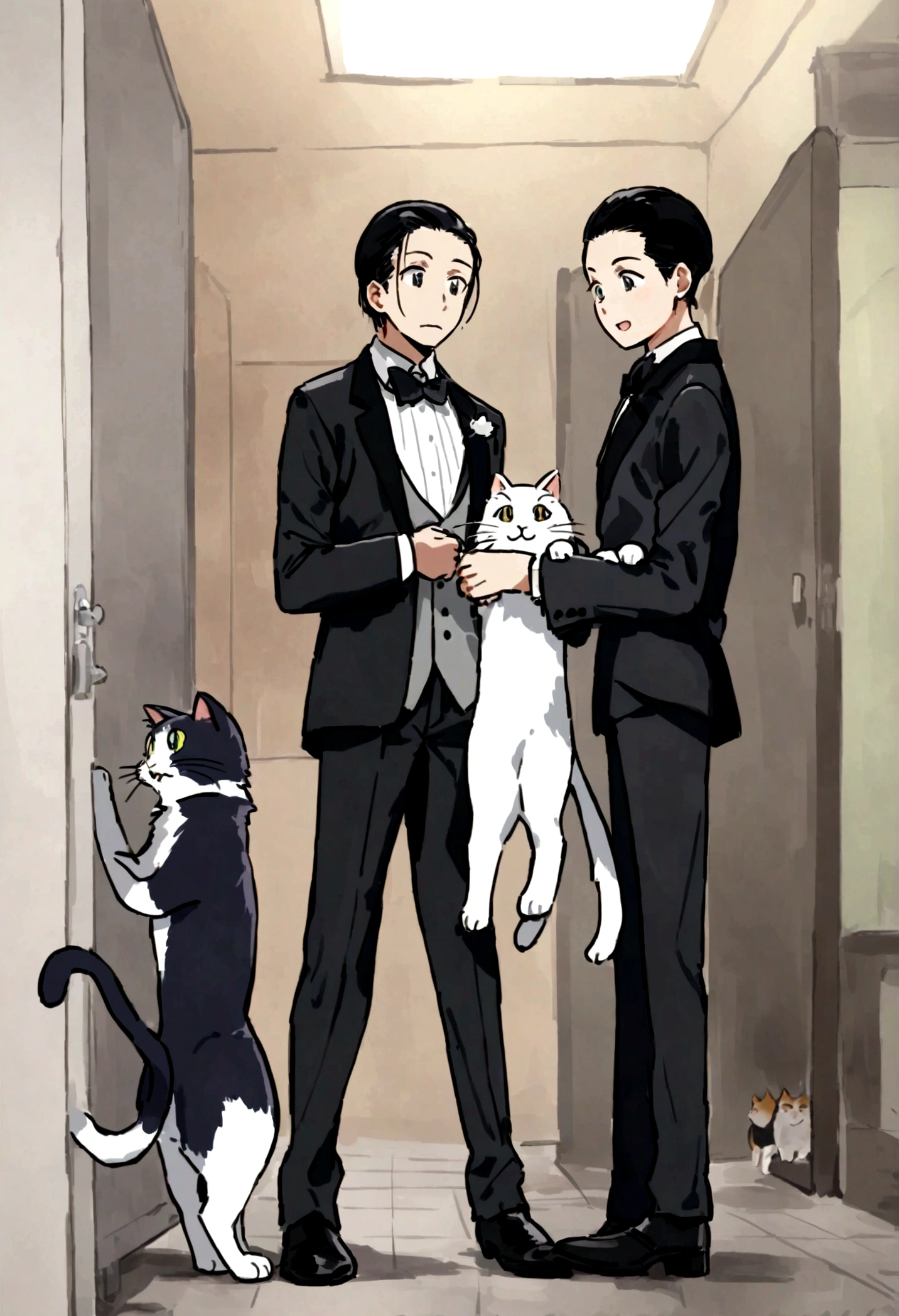 there are two Cat dressed in suits and ties in a bathroom, business suit, Wearing a suit!, there is nothing, Meeting Preparation, tuxedo, two Cat, real tom and jerry, cute Cat, Wearing a suit, Cat , 子Cat, cowboy Cat, wearing a tuxedo, colleague, wearing tuxedo, Formal attire, cute 子Cat, Cat, タバコを吸うCat