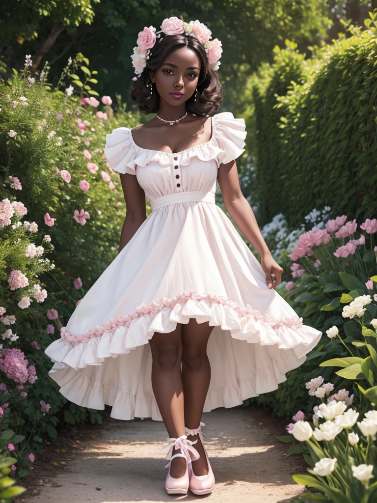 woman with delicate, delirious dark skin, flower on her head, ecstatic, light brown eyes, pink lips, white dress with pin-up style ruffles. high white shoes in a garden