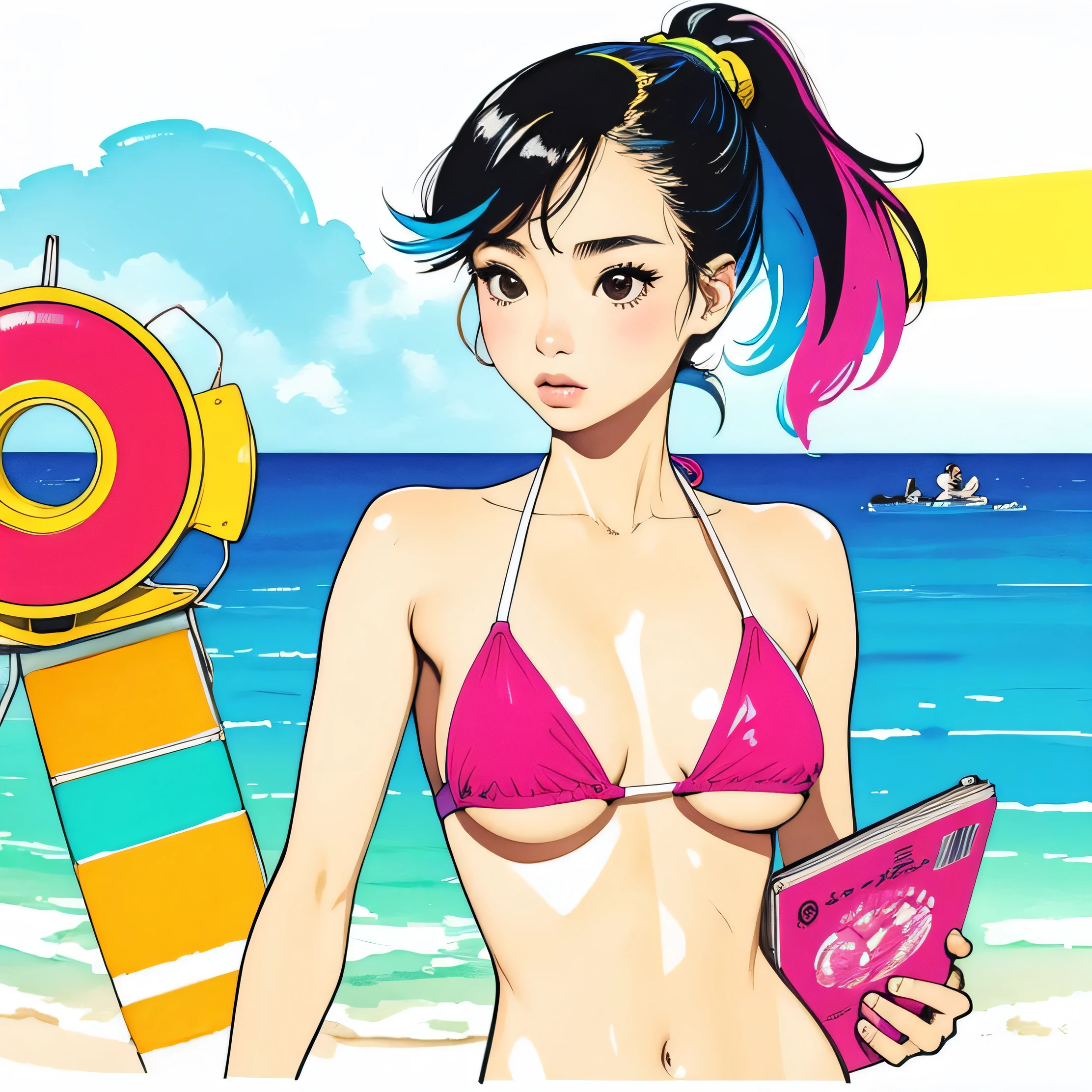 Show pussy,Swimwear、Headphones、Open reel,LP Records,Have a cassette tape、Upper Body、colorful、watercolor、ponytail、I'm 15 years old、Colorful hair、Super big 、bikini、Nipples erect,80s Style