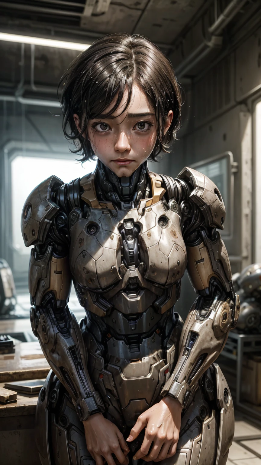 highest quality　8k Iron Man Suit Girl　ergartl　Sweaty face　cute　short hair　boyish　Steam coming out of my head　My hair is wet with sweat　The feel of black hair　Full body portrait　My upper body is soaked　Natural light　Steamy　moisture