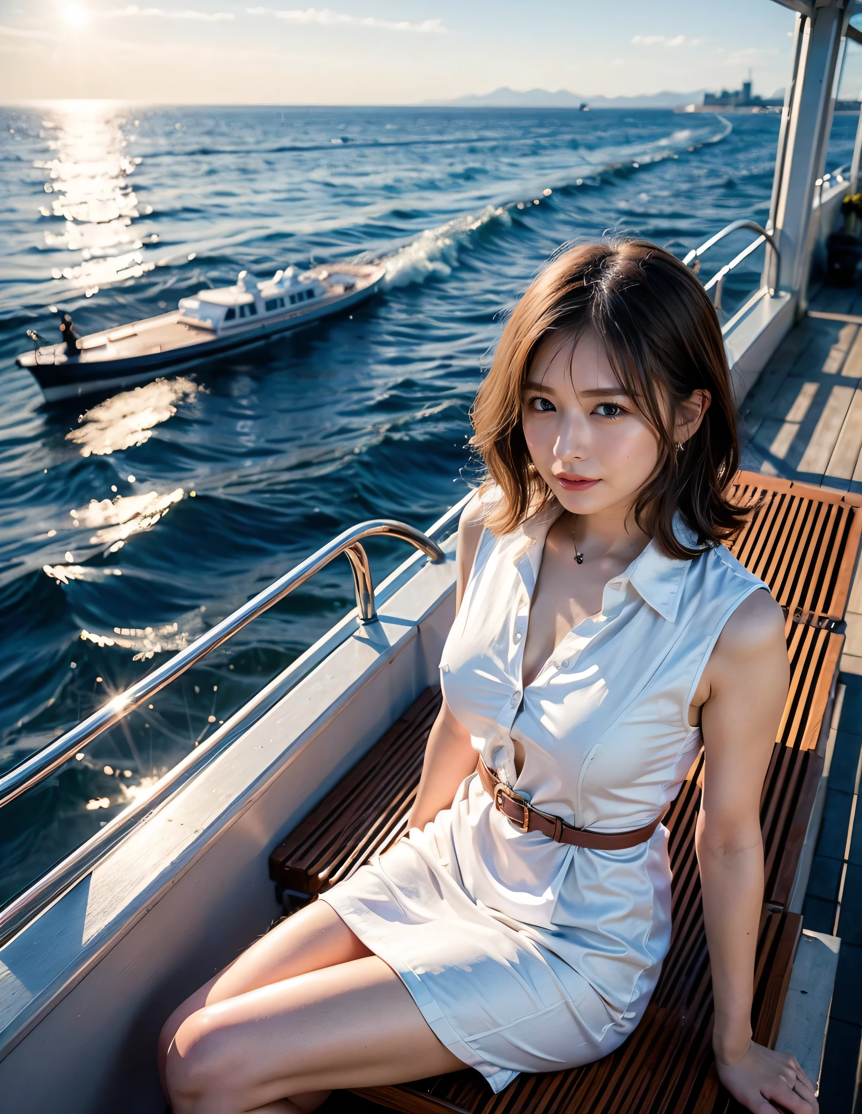 (Robe Dress:1.1) ,smile、Titanic、Brown beige color hair、Woman standing on a boat、Light brown hair、Elegant hairstyle、Blue Eyed Woman、A woman with a cute upward gaze、When the sky gets dark、The gentle light of the ship shines、When the sun goes down the sky turns red、Tight clothing that shows your body lines、、A clean white blouse or white collared shirt、The first button of her blouse is lewdly open、Genuine Leather Belt、革のShort skirt、Dress elegantly着こなす、Luxury Bags、、((Medium Short Hair:1.4))、Skyscrapers seen across the sea、Manhattan 私sland is visible offshore、Woman on a sightseeing boat、、The sun shines on her、Light brown hair、Light brown hair、The sky was dyed red、There are clouds、private's cute、An elegantly dressed woman is sitting on a boat and watching the sunset、Her ample breasts are obvious even through her clothes..、The shining sun is so beautiful、Dusk is approaching、Lens flare、I can see the sunset、((Sunlight reflecting off the ocean、Ocean View、The sun shines on the sea、'beautiful.、Small earrings、private'evening、Birds are also flying、、Brown Hair Color、Tying up hair、The woman is on the right:1.4))、Luxury Leather Belts、Shiny clothes、Light beige hair color、Background Blur、Braid only the front hair、Light brown hair、{{Cowgirl Shot}}、((Close-up shot from the waist up、Ample breasts:1.4))、Smile、Silk clothing、Ample breasts that can be seen even through clothes、Braid only the front hair、Cowboy Shot、Gorgeous white collared silk shirt and brown skirt、Dress elegantly、Luxury Bags、A lovely smile、((Ample breasts))、Full body photo、ring、Short skirt、Tuck your hair behind one ear、Silver Necklace、smile、 Elegant ponytail、Caustics、Highly detailed photos、Very beautiful and ideal short hair、Super no makeup、(8k、RAW Photos、highest quality、masterpiece:1.2)、(Realistic、Realistic)、1 girl、((Medium Short Hair、Looking into the camera:1.4))、Hair blowing in the wind