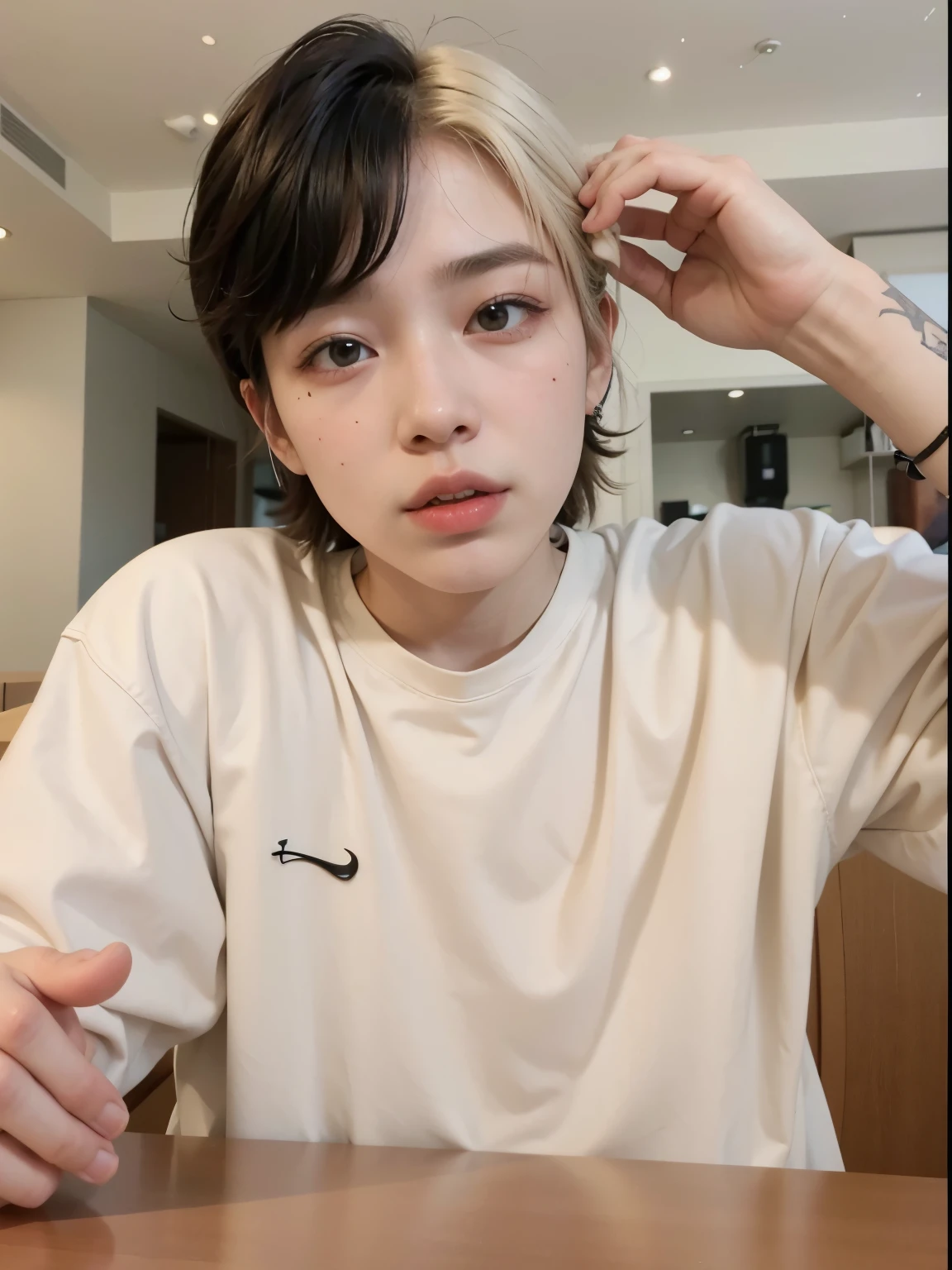 mulher arafa com cabelo colorido sentada em uma mesa, Jung Jaehyun, adorable and pale korean face, Ulzzang inteligente, Kim Doyoung, com cabelo curto, jossi do blackpink, Hong junho hyung, Tae June Kim, Ulzzang, o corte Hime, Jaeyeon Nam, xqc, Parque Jimin, cabelo curto platinado moleca
