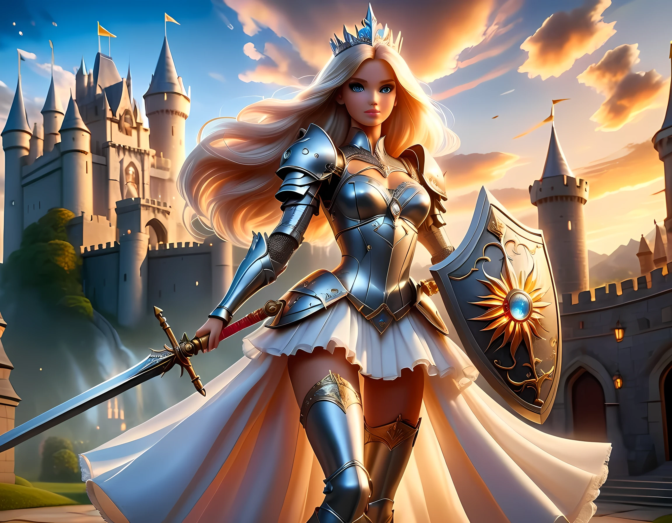 16k, ultra detailed, masterpiece, best quality, (extremely detailed), arafed, dnd art, panoramic view, full body, a single1 (Barbie: 1.5) knight standing on the all of the castle as the sun rises, she is holding sword and shield, you see only the silhouette of knight, intense eyes, ultra feminine, ultra detailed face, (Masterpiece, intense details:1.5), (anatomically correct: 1.5), determined face, sky are switching day and night, the sun is rising, suns, some stars, rays of dawn, fantasy castle background, Wide-Angle, Ultra-Wide Angle, 16k, highres, best quality, faize, Sword and shield