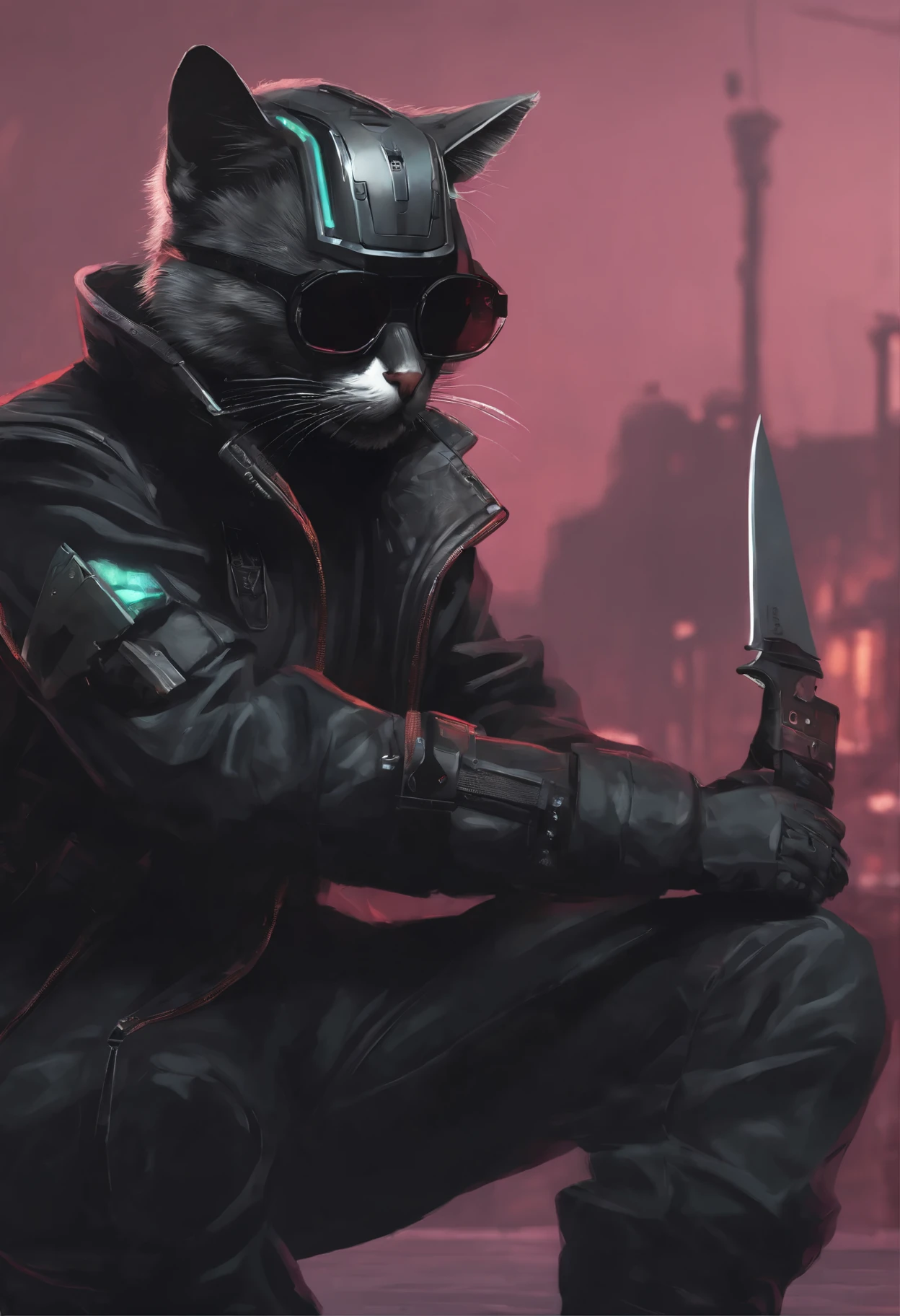 a cat in a mask and with a pair of knives in his hands, portrait of a Киберпанк Самурай, cyberpunk character cat, cyberpunk cat, Cyberpunk Samurai cat, cyberpunk art style, in Cyberpunk style, cyberpunk, cyberpunk atmosphere, zen meditation cyberpunk, cyberpunk character design, Cyberpunk Shading, cyberpunk hero, has a cyberpunk style, cyberpunk, in cyberpunk ally