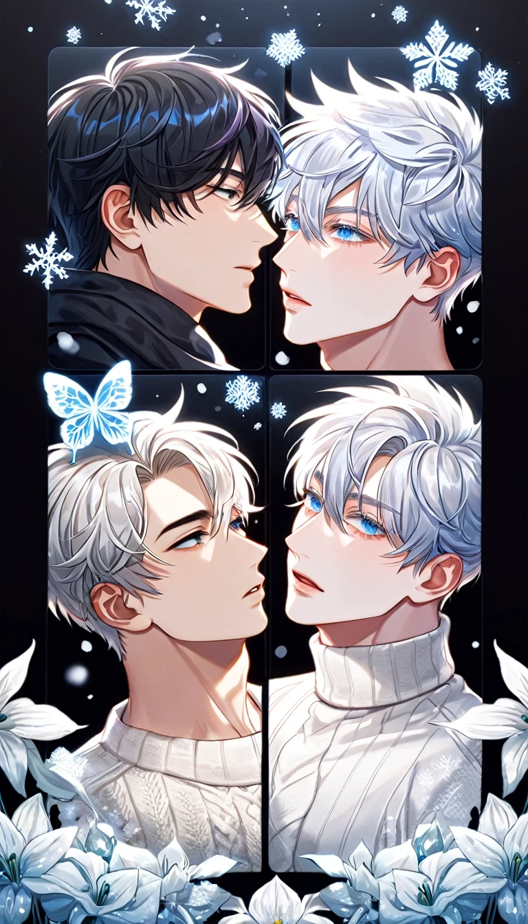 absurdres, highres, ultra detailed, HDR, master piece, best quality, extremely detailed face, delicated features, Kang Woojin, black messy hair, expressive dark blue eyes, Love Jinx, Gojou Satoru, white hair, expressive blue eyes, two sexy men together, gay couple, yaoi, handsome, toned chest, black coat, white sweater, black scarf, fantasy, magical, radiant, snowing, winter, snowflakes, white ice butterflies, ice lilies