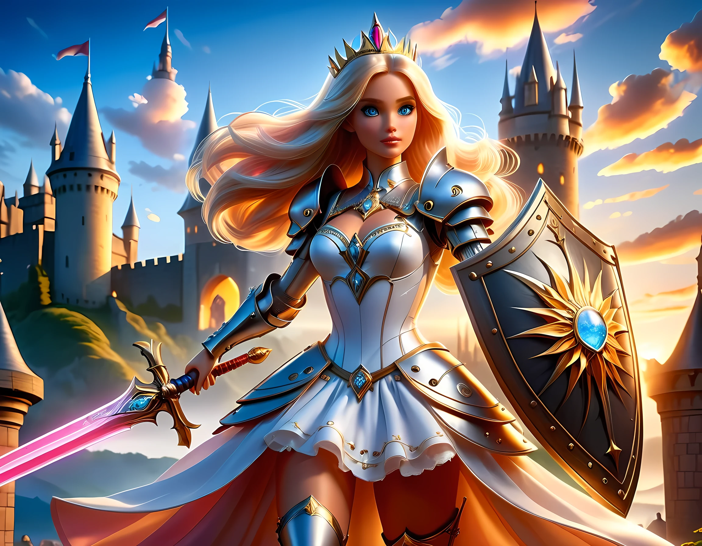 16k, ultra detailed, masterpiece, best quality, (extremely detailed), arafed, dnd art, panoramic view, full body, a single1 (Barbie: 1.5) knight standing on the all of the castle as the sun rises, she is holding sword and shield, you see only the silhouette of knight, intense eyes, ultra feminine, ultra detailed face, (Masterpiece, intense details:1.5), (anatomically correct: 1.5), determined face, sky are switching day and night, the sun is rising, suns, some stars, rays of dawn, fantasy castle background, Wide-Angle, Ultra-Wide Angle, 16k, highres, best quality, faize, Sword and shield