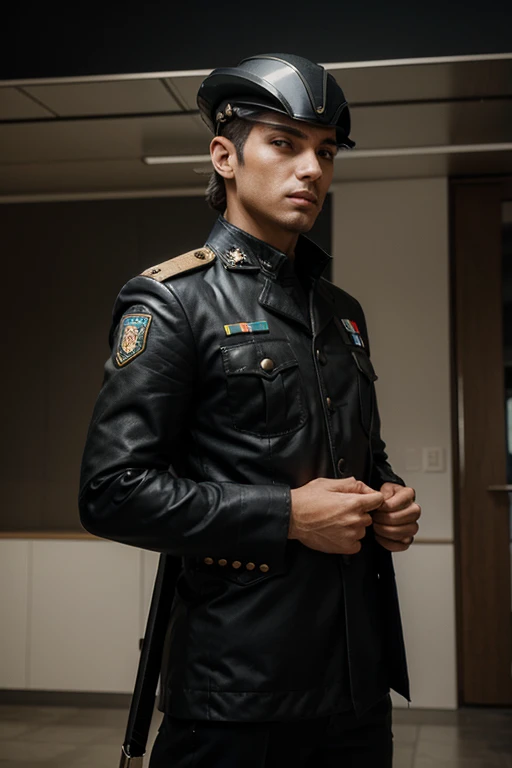 Hombre con un casco futurista y un traje militar futurista