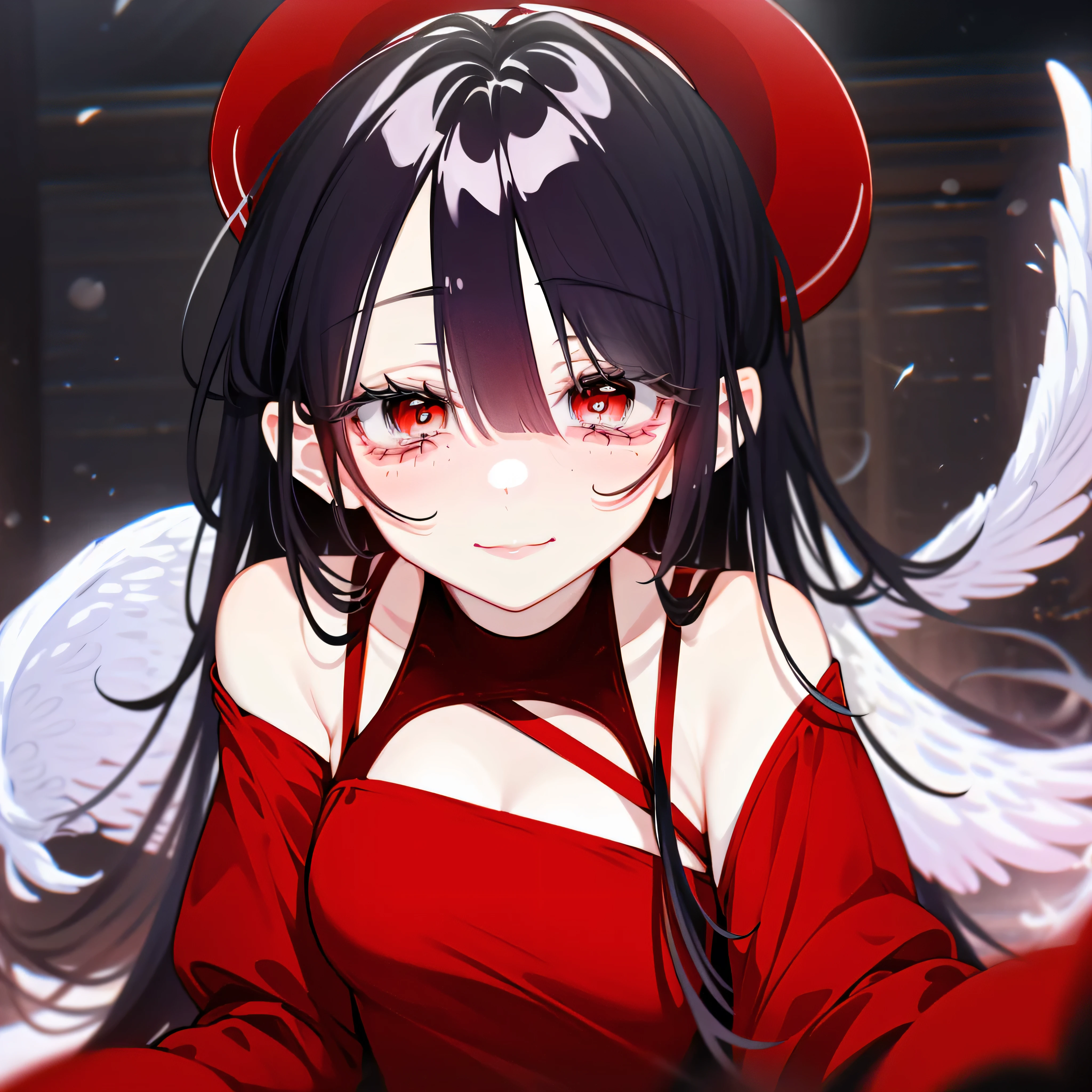 a girl with bark tinted hair, half-length statue, 4k hd, face expressionless, anime style, sideface, white background, dark, eerie, smiling, dark angel, deceiving, smug look, velvet red dress, blood, shining eyes, black wings