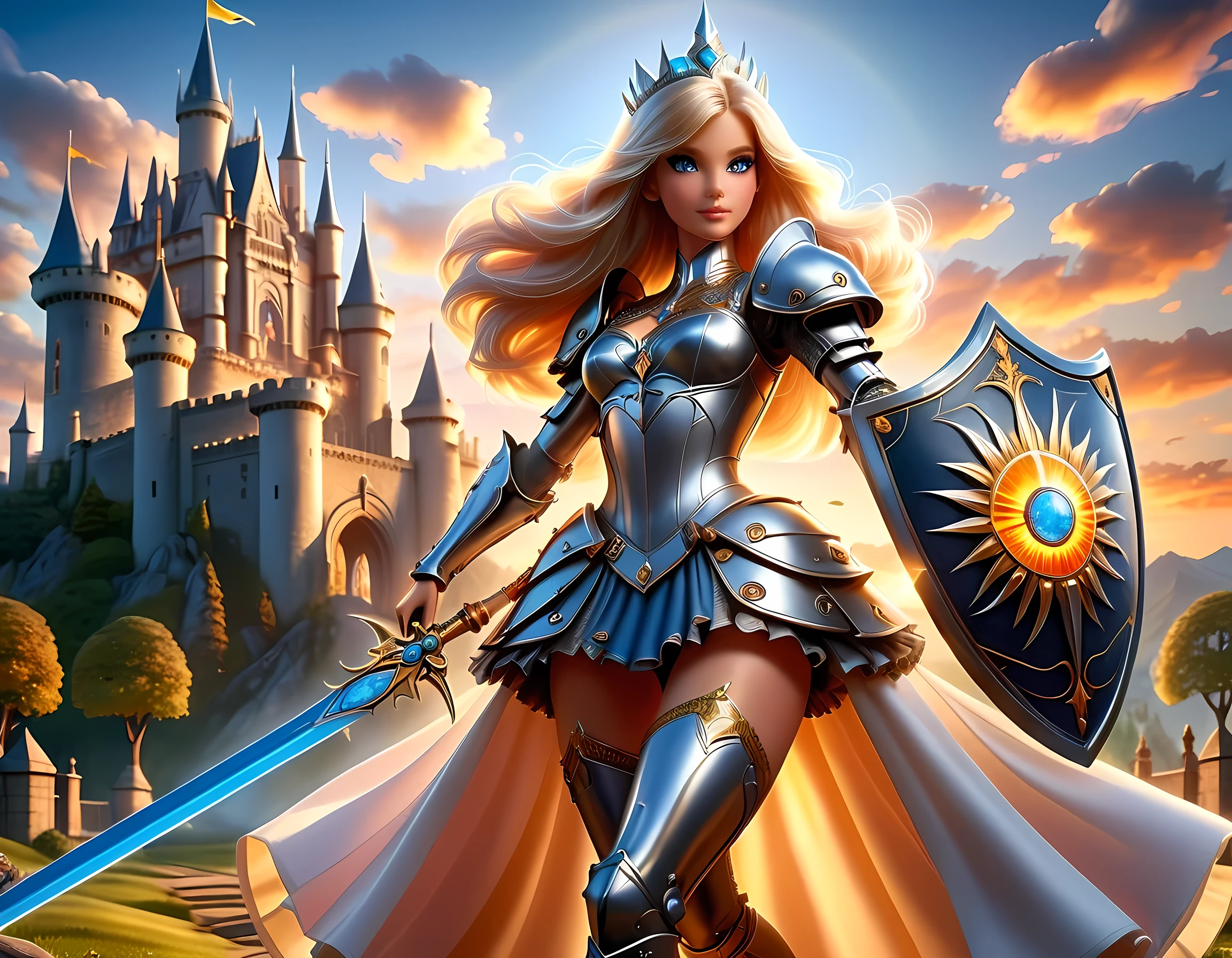 16k, ultra detailed, masterpiece, best quality, (extremely detailed), arafed, dnd art, panoramic view, full body, a single1 (Barbie: 1.5) knight standing on the all of the castle as the sun rises, she is holding sword and shield, you see only the silhouette of knight, intense eyes, ultra feminine, ultra detailed face, (Masterpiece, intense details:1.5), (anatomically correct: 1.5), determined face, sky are switching day and night, the sun is rising, suns, some stars, rays of dawn, fantasy castle background, Wide-Angle, Ultra-Wide Angle, 16k, highres, best quality, faize, Sword and shield