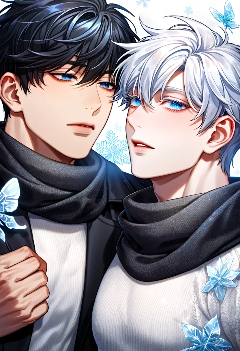absurdres, highres, ultra detailed, HDR, master piece, best quality, extremely detailed face, delicated features, Kang Woojin, black messy hair, expressive dark blue eyes, Love Jinx, Gojou Satoru, white hair, expressive blue eyes, two sexy men together, gay couple, yaoi, handsome, toned chest, black coat, white sweater, black scarf, fantasy, magical, radiant, snowing, winter, snowflakes, white ice butterflies, ice lilies