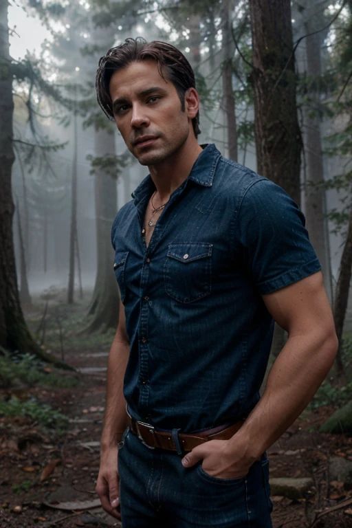 Nicholas Sorrentino, Steve Lund, Teen Wolf, 36 years old, short messy brown hair, slim muscular build, brown eyes, open blue denim shirt, dark blue jeans, black belt, light brown combat boots, silver moon pendant, background black of the misty forest.