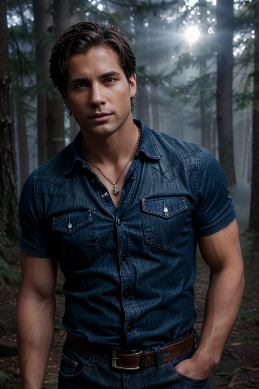 Nicholas Sorrentino, Steve Lund, Wolf, 36 years old, short messy brown hair, slim muscular build, brown eyes, open blue denim shirt, dark blue jeans, black belt, light brown combat boots, silver moon pendant, background black of the misty forest.