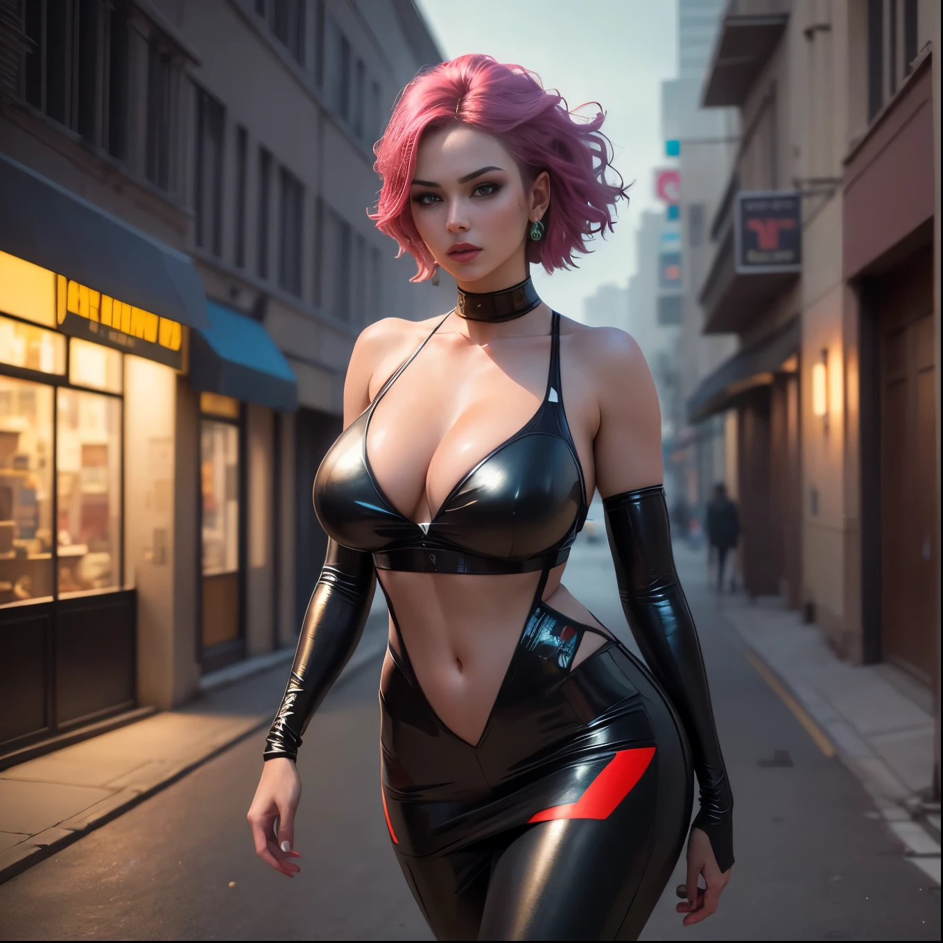 A sexy woman with large breasts and an athletic body walking on a well-lit avenue, red lighting, yellow and blue afro hair, (best quality,4k,8k,highres,masterpiece:1.2),ultra-detailed,(realistic,photorealistic,photo-realistic:1.37),1woman,beautiful detailed eyes,beautiful detailed lips,extremely detailed eyes and face,long eyelashes,dynamic pose,epic lighting,neon colors,cinematic,volumetric lighting,glowing skin,detailed clothing,street scene,urban environment,dynamic and dramatic