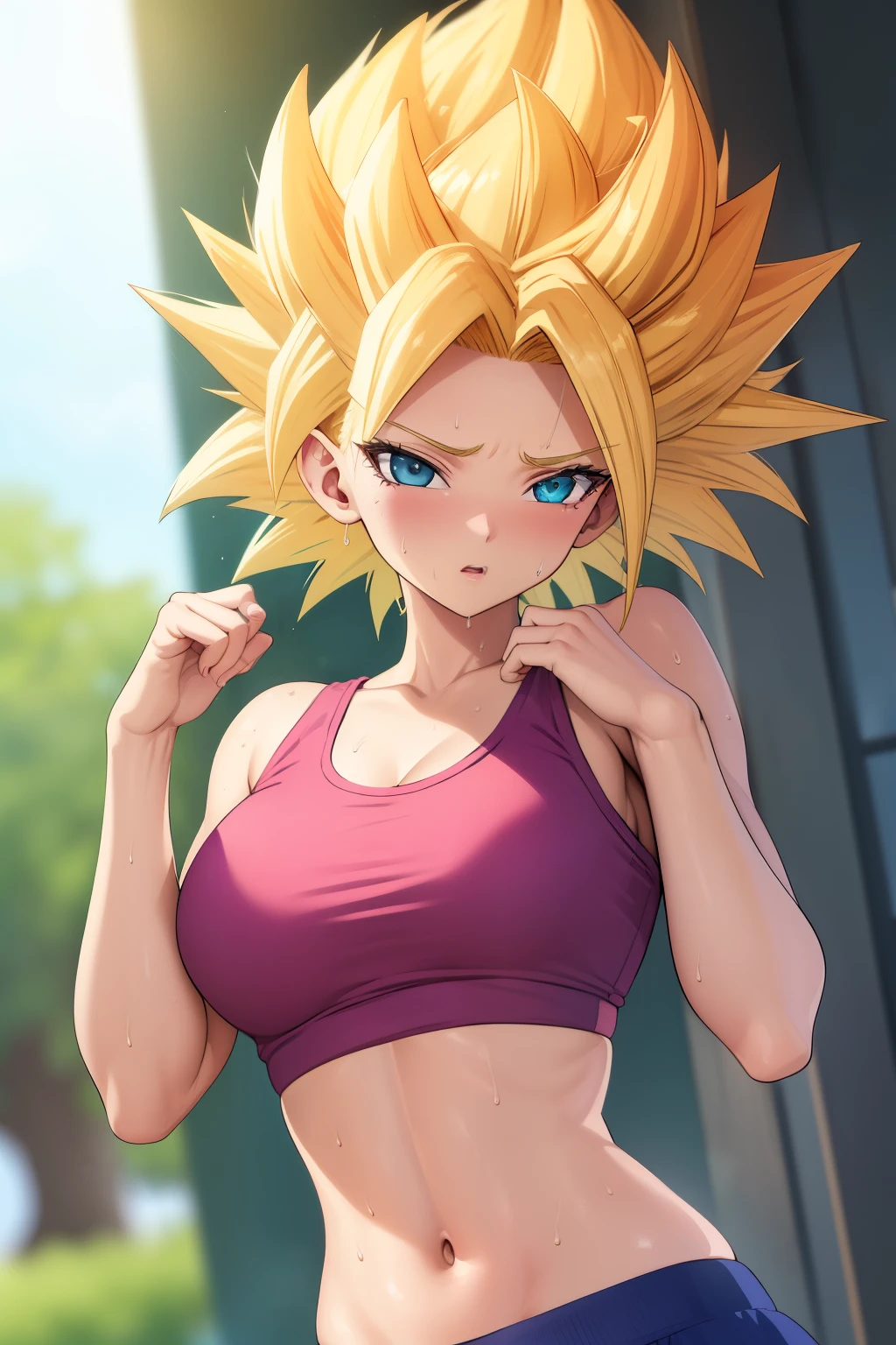 ((4K, ​master piece, Best Quality)), caulifla 1girl in , medium breasts⁩, Cute ,  sports bra , blomer , morning, perfect body , sweat .sexy 