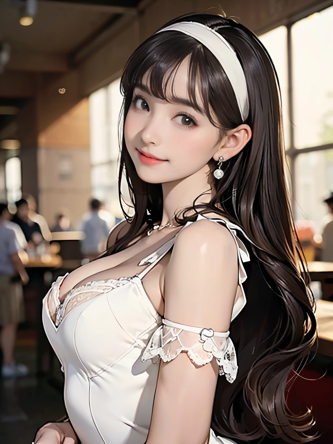 ((((highest quality))))、(((Ultra-precision CG16K wallpaper)))、(((masterpiece)))、(((Super detailed)))、(((Extreme detail)))、((1Mature 29 year old woman:1.6))、((Very beautiful Japanese faces))、((Matsushima Na々Child:1.5))、((Straight one-length semi-long hair、blunt bangs:1.5))、(Shiny brown hair)、Delicately drawn and beautiful face、Detailed eyes、Brown Eyes、eyeliner、Eyeshadow、High nose、Small nostrils、Small Mouth、Seductive lips、Beautiful breasts、((C cup size breasts))、Cleavage、Beautiful feet、eight-headed body、Perfect proportions、Perfect Anatomy、Perfect composition、Beautiful detailed shading、Beautiful, natural lighting、Beautiful detail glow、Depth of written boundary、(((High chroma)))、(((Real:1.9)))、((vivid:1.5))、((Beautiful Skin))、((Skin Texture))、((Realな皮膚感))、(((Cowboy Shot:1.6)))、((front view、shoot from front、Low - Angle:1.6))、(((smile:1.5)))、((The woman is looking at this、looking at viewer:1.6))、Bright daylight、Natural light、(((Shopping mall、Concourse:1.5)))、(Erotic Gravure Idol Pose:1.6)、(((Ivory white see-through lace-up body dress:1.6)))、((necklace、Earrings、Wearing a headband:1.5))、