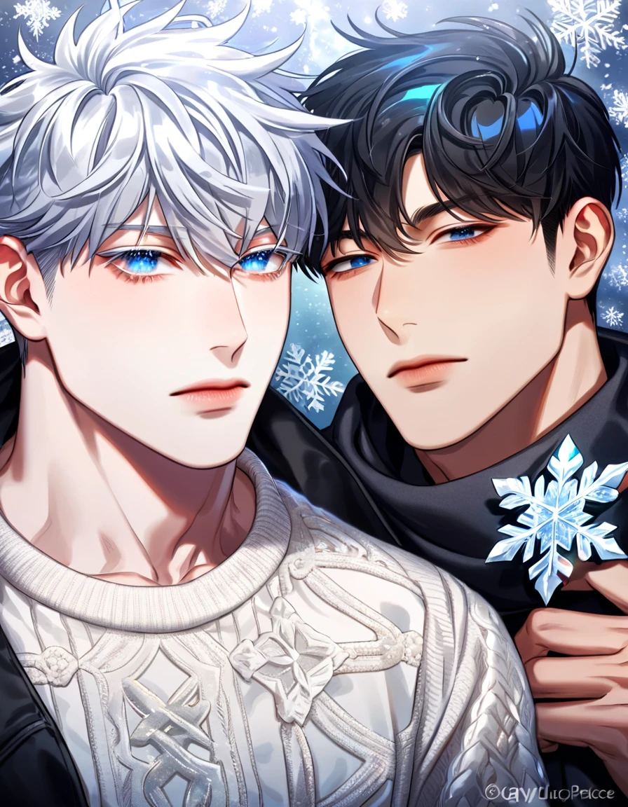 absurdres, highres, ultra detailed, HDR, master piece, best quality, extremely detailed face, delicated features, Kang Woojin, black messy hair, expressive dark blue eyes, Love Jinx, Gojou Satoru, white hair, expressive blue eyes, two sexy men together, gay couple, yaoi, handsome, toned chest, black coat, white sweater, black scarf, fantasy, magical, radiant, snowing, winter, snowflakes, white ice butterflies, ice lilies