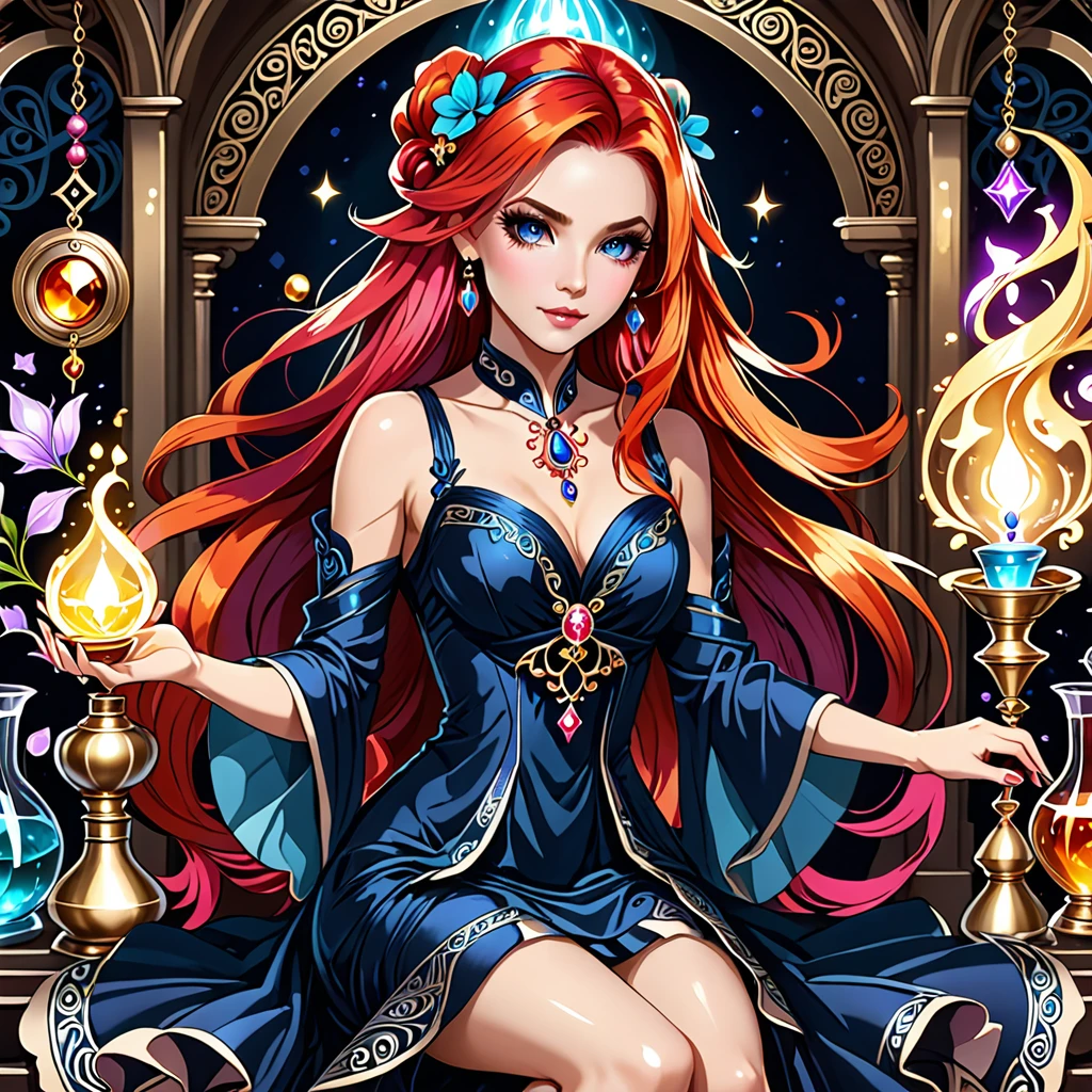 1girl, long hair, bright hair color, seductive eyes, mysterious expression, mature appearance, charming dress, flowing short dress, elegant jewelry, intricate decoration, magic symbols, glowing accessories, potions, scrolls, cute accents, bows, ribbons, flowers,