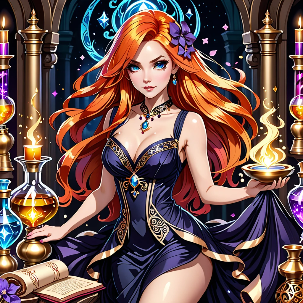 1girl, long hair, bright hair color, seductive eyes, mysterious expression, mature appearance, charming dress, flowing short dress, elegant jewelry, intricate decoration, magic symbols, glowing accessories, potions, scrolls, cute accents, bows, ribbons, flowers,