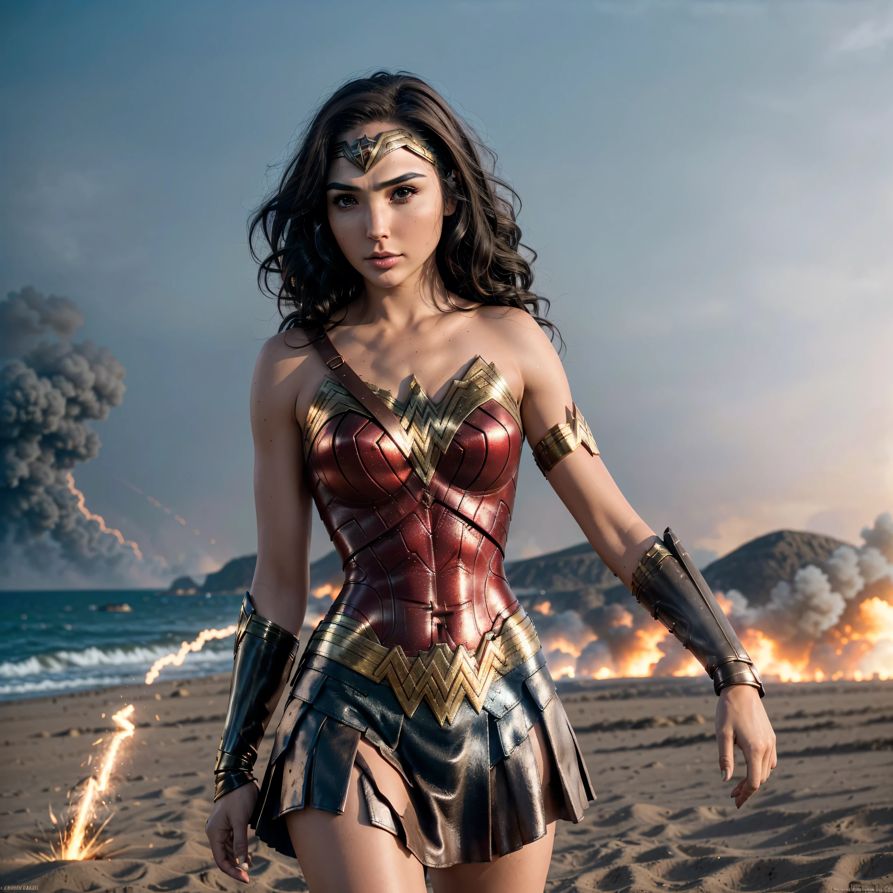 photorealistic Realism 8K, 16K, Quality: (Hyper absurd quality, extremely detailed detail, hyper resolution, clear sharp focus, not blurry, Realistic brown_eyes), ((perfect dark_eyeshadows:1.45)), (super Detailed, beautiful little nose:1.2), (perfect composition), Gal Gadot as (Wonder Woman cosplay), incredibly similar to the original outfit from the WW movie, dynamic stance, face focused on the target in the distance, ready to fight, (Neon Wonder Woman Lasso Of Truth Cosplay Prop), (upper body shot), (close up of her face), beautiful cheekbones, double eyelids, dslr, best high quality soft lighting, sharp focus captured by Fujifilm XT3, f 5.6, in a dramatic lighting, ((perfect composition)), ((pale skin)), ((dry skin)), ((clear and detailed scene from the open battlefield of World War II fighting on the beach in NORMANDY, ((scene of death, many killed in battle, explosion, big explosion in the background, darkness, flashes in the sky))), ultra absurd details quality:1.3), ((luxury leather Wonder Woman Cosplay:1.4), ultra absurd details quality), (with Red pleated mini skirt:1.25)