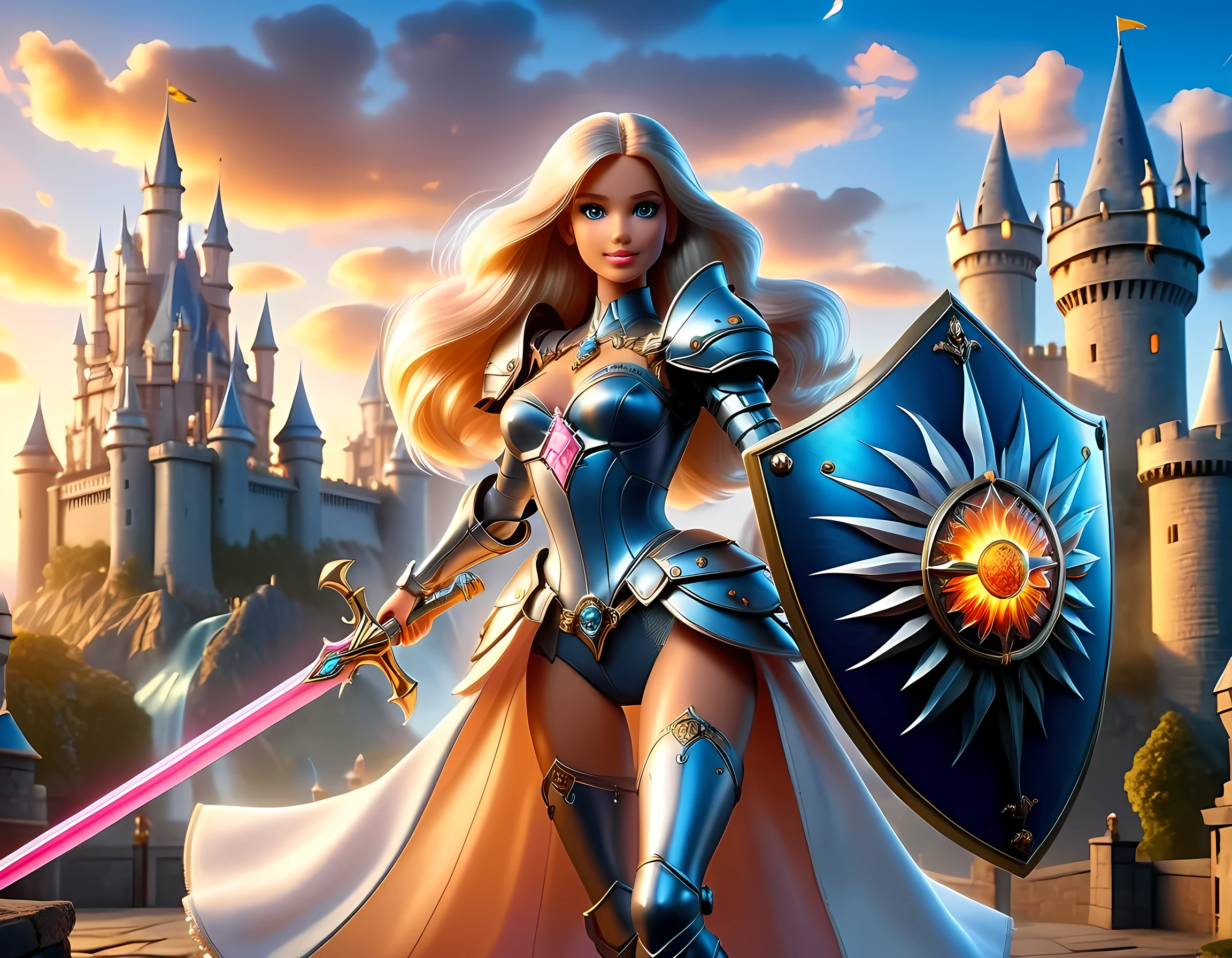 16k, ultra detailed, masterpiece, best quality, (extremely detailed), arafed, dnd art, panoramic view, full body, a single1 ((Barbie: 1.5)) knight standing on the all of the castle as the sun rises, she is holding sword and shield, you see only the silhouette of knight, intense eyes, ultra feminine, ultra detailed face, (Masterpiece, intense details:1.5), (anatomically correct: 1.5), determined face, sky are switching day and night, the sun is rising, suns, some stars, rays of dawn, fantasy castle background, Wide-Angle, Ultra-Wide Angle, 16k, highres, best quality, faize, Sword and shield, Mechanical Creatures