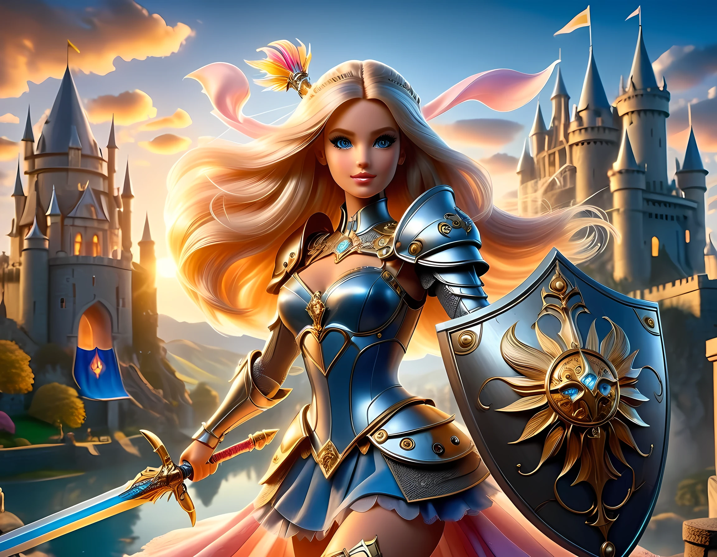 16k, ultra detailed, masterpiece, best quality, (extremely detailed), arafed, dnd art, panoramic view, full body, a single1 ((Barbie: 1.5)) knight standing on the all of the castle as the sun rises, she is holding sword and shield, you see only the silhouette of knight, intense eyes, ultra feminine, ultra detailed face, (Masterpiece, intense details:1.5), (anatomically correct: 1.5), determined face, sky are switching day and night, the sun is rising, suns, some stars, rays of dawn, fantasy castle background, Wide-Angle, Ultra-Wide Angle, 16k, highres, best quality, faize, Sword and shield, Mechanical Creatures