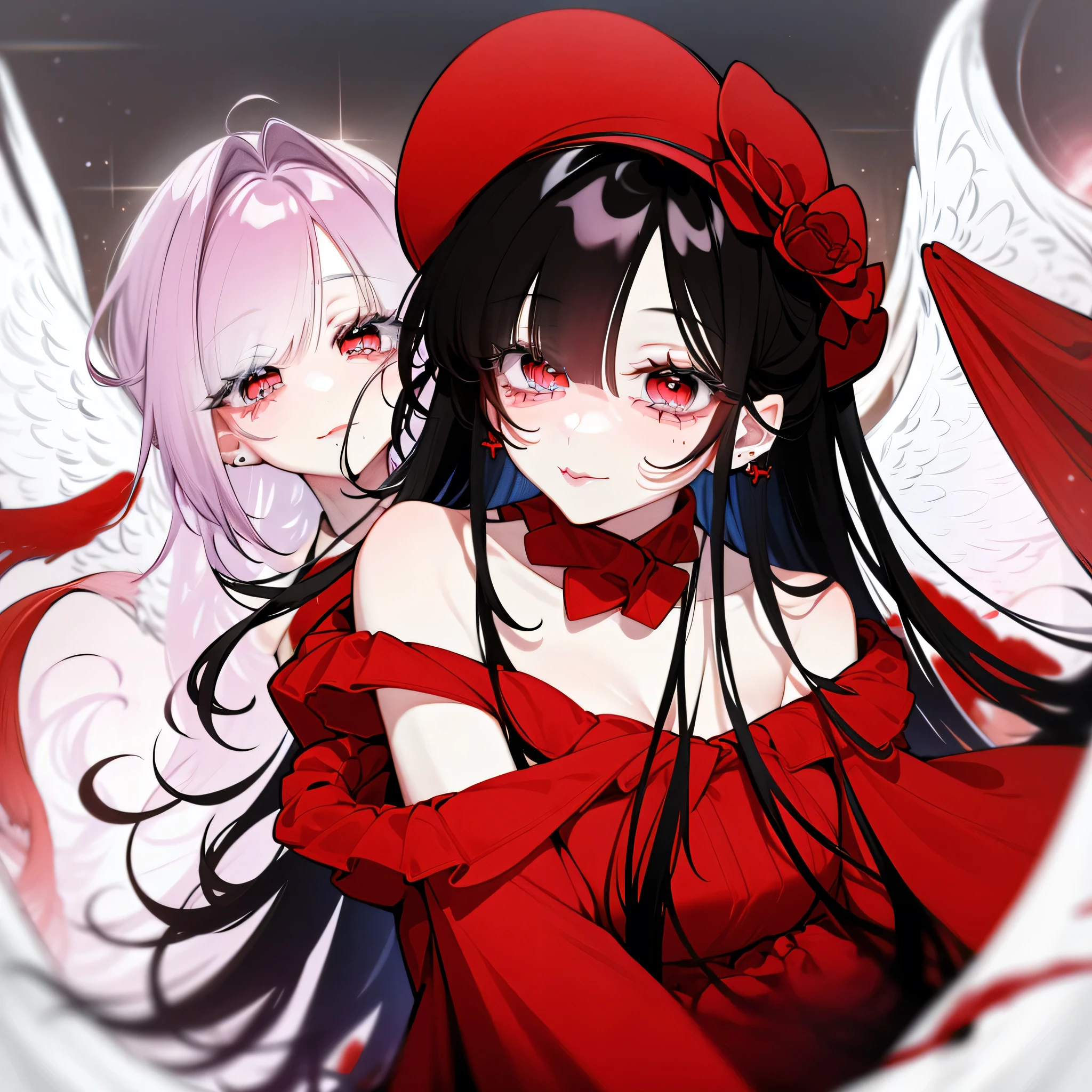 a girl with bark tinted hair, half-length statue, 4k hd, face expressionless, anime style, sideface, white background, dark, eerie, smiling, dark angel, deceiving, smug look, velvet red dress, blood, shining eyes, black wings
