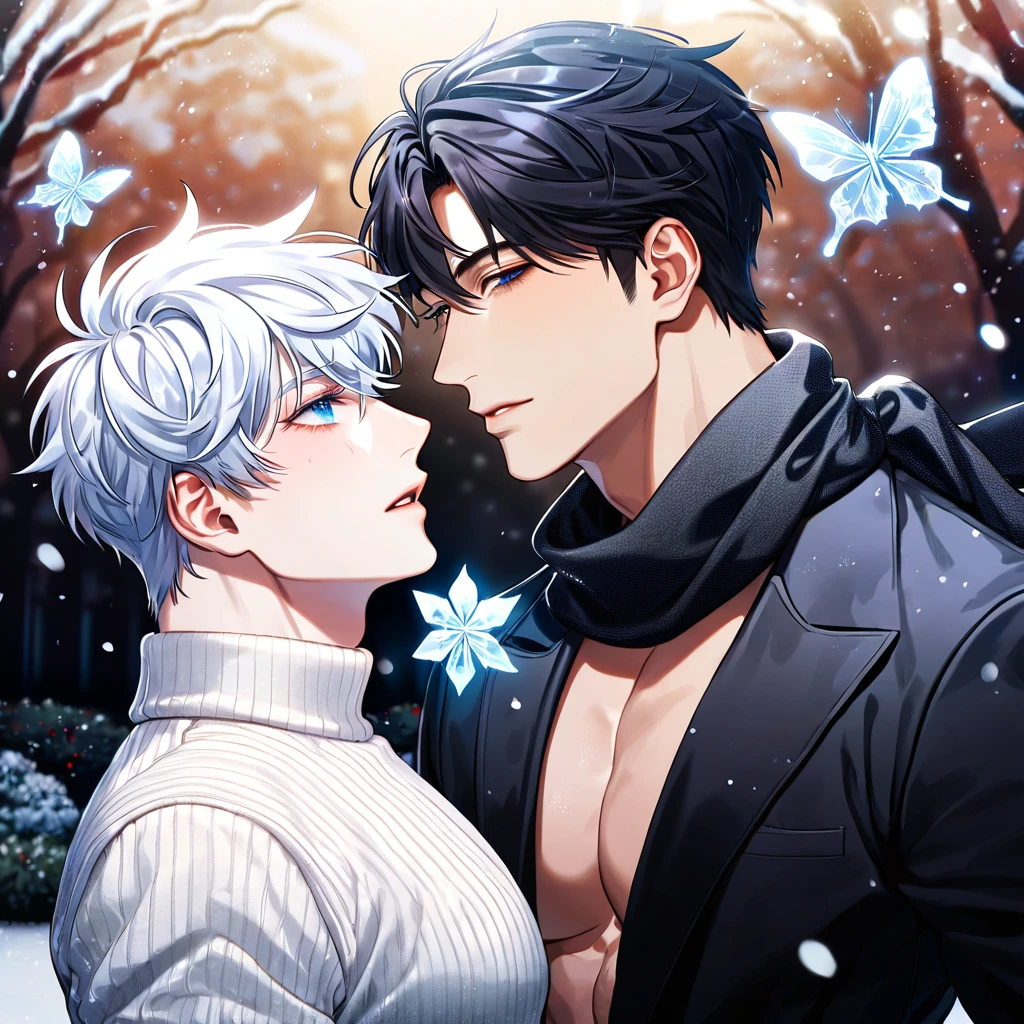 absurdres, highres, ultra detailed, HDR, master piece, best quality, extremely detailed face, delicated features, Kang Woojin, black messy hair, expressive dark blue eyes, Love Jinx, Gojou Satoru, white hair, expressive blue eyes, two sexy men together, gay couple, yaoi, handsome, toned chest, black coat, white sweater, black scarf, fantasy, magical, radiant, snowing, winter, snowflakes, white ice butterflies, ice lilies, park