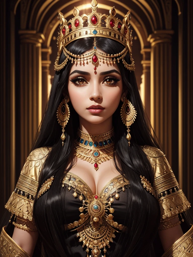 a beautiful queen cleopatra, sensual and imposing, reigning, intricate detailed face, piercing eyes, full lips, long thick eyelashes, elaborate headdress, ornate jewelry, flowing dress, regal pose, dramatic lighting, warm color palette, masterpiece, photorealistic, 8k, best quality