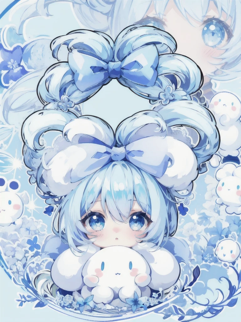 1girl, solo, , blue hair, blue eyes, hair rings, hair bow, blue bow, (cinnamoroll, tied ears),, (((light blue long hair))), long hair cute anime faces,tareme, hair_behind_ear, (chibi_style:1.2),Background bubbles (chibi),
