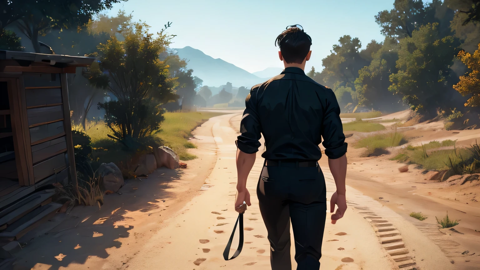 a man in a white button-down shirt and black pants, holding a bible, walking on a dirt path, view from the back, beautiful detailed face,highly detailed, cinematic lighting, dramatic shadows, warm color tones, photorealistic, masterpiece, (best quality,8k,detailed,realistic,photorealistic:1.37),dramatic lighting,vibrant colors,cinematic composition,natural setting,detailed background