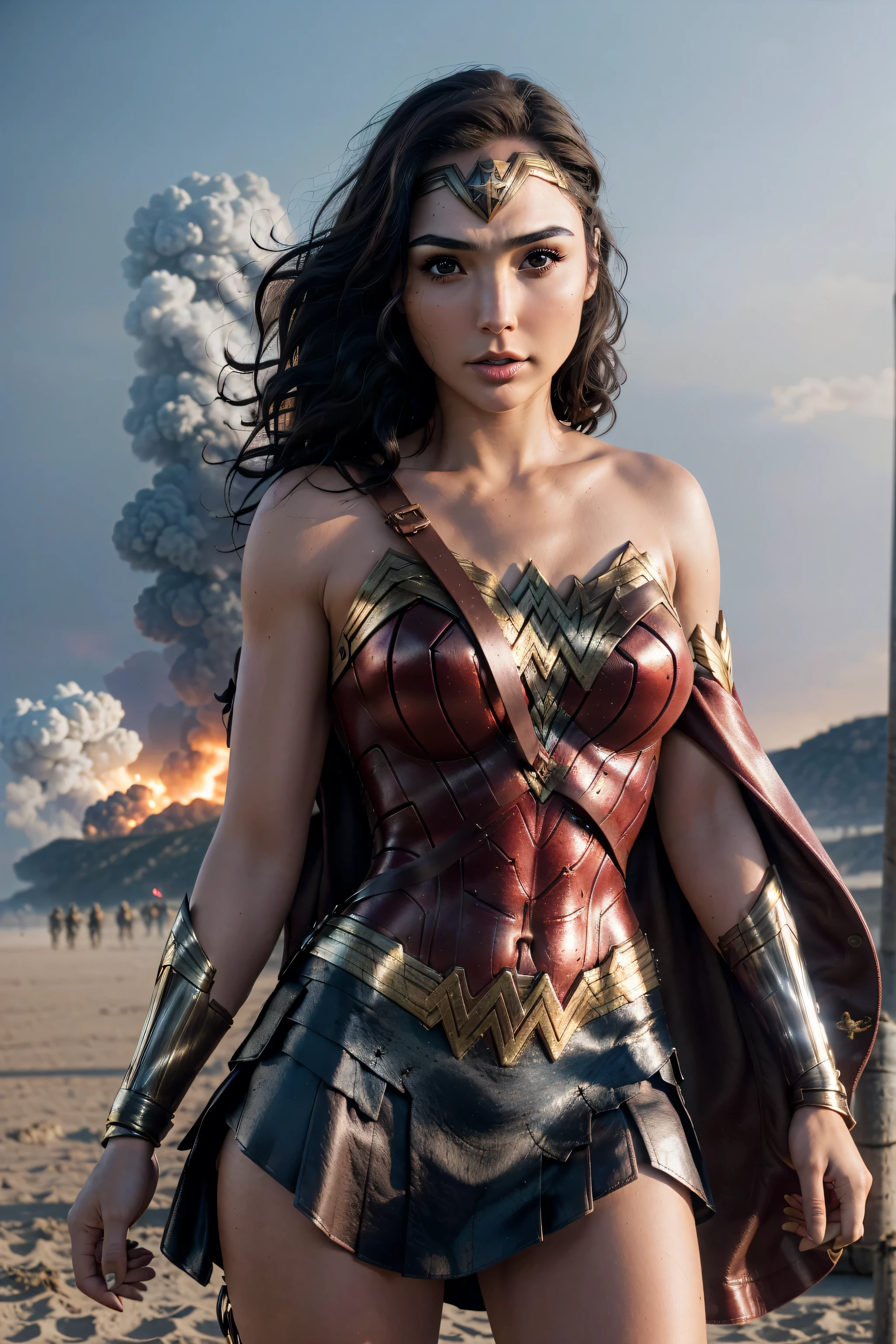 photorealistic Realism 8K, 16K, Quality: (Hyper absurd quality, extremely detailed detail, hyper resolution, clear sharp focus, not blurry, Realistic brown_eyes), ((perfect dark_eyeshadows:1.45)), (super Detailed, beautiful little nose:1.2), (perfect composition), Gal Gadot as (Wonder Woman cosplay), incredibly similar to the original outfit from the WW movie, dynamic stance, face focused on the target in the distance, ready to fight, (Neon Wonder Woman Lasso Of Truth Cosplay Prop), (upper body shot), (close up of her face), beautiful cheekbones, double eyelids, dslr, best high quality soft lighting, sharp focus captured by Fujifilm XT3, f 5.6, in a dramatic lighting, ((perfect composition)), ((pale skin)), ((dry skin)), ((clear and detailed scene from the open battlefield of World War II fighting on the beach in NORMANDY, ((scene of death, many killed in battle, explosion, big explosion in the background, darkness, flashes in the sky))), ultra absurd details quality:1.3), ((luxury leather Wonder Woman Cosplay:1.4), ultra absurd details quality), (with Red pleated mini skirt:1.25)