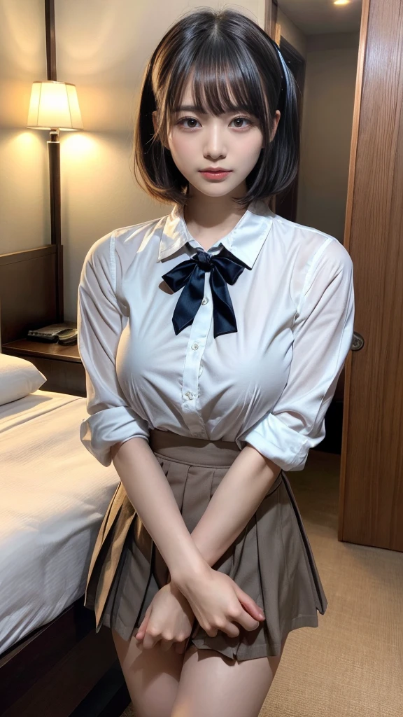 masterpiece, best quality, illustration, Super detailed, fine details, High resolution, 8K,wall paper, perfect dynamic composition,(Details High quality, realistic depiction of eyes:1.3), standing, (collared shirt:1.1), pleated skirt, short bob hair、black hair color, Big Natural Color Lip, bold sexy pose, crying a little、Harajuku style、acrobatic pose, 20 year old girl、cute type、ta、beautiful legs, hotel room, gravure idol, Voluptuous thighs, huge breasts, Don't expose it