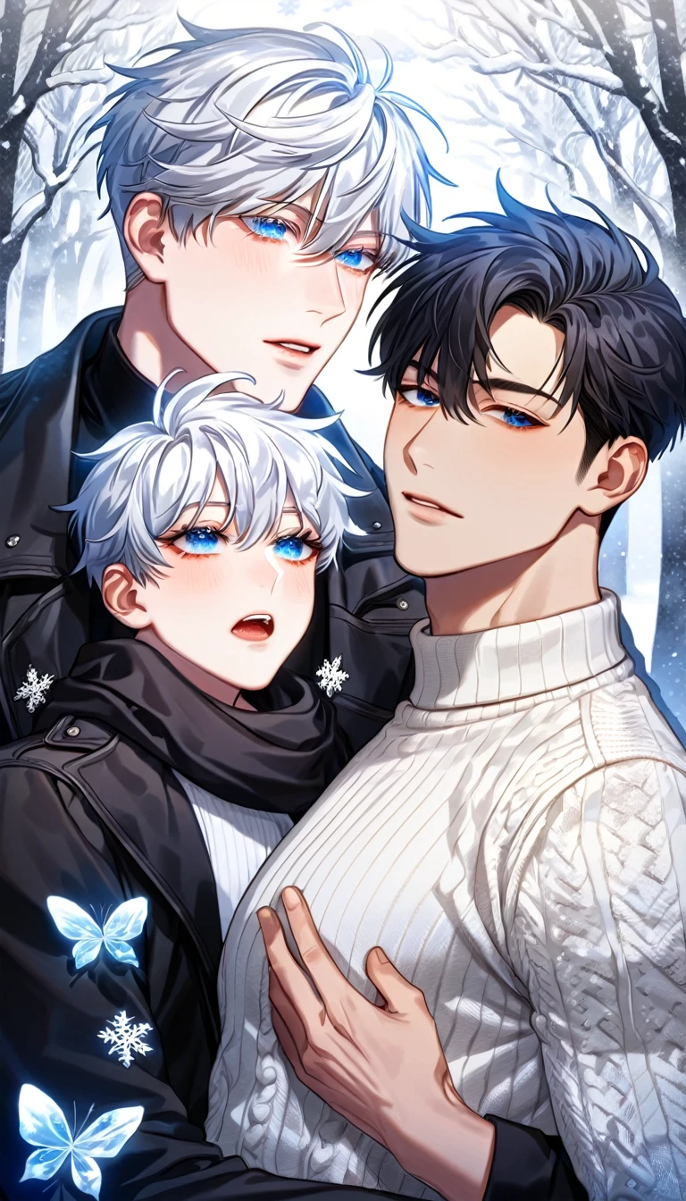 absurdres, highres, ultra detailed, HDR, master piece, best quality, extremely detailed face, delicated features, Kang Woojin, black messy hair, expressive dark blue eyes, Love Jinx, Gojou Satoru, white hair, expressive blue eyes, two sexy men together, gay couple, yaoi, handsome, toned chest, black coat, white sweater, black scarf, fantasy, magical, radiant, snowing, winter, snowflakes, white ice butterflies, ice lilies, park