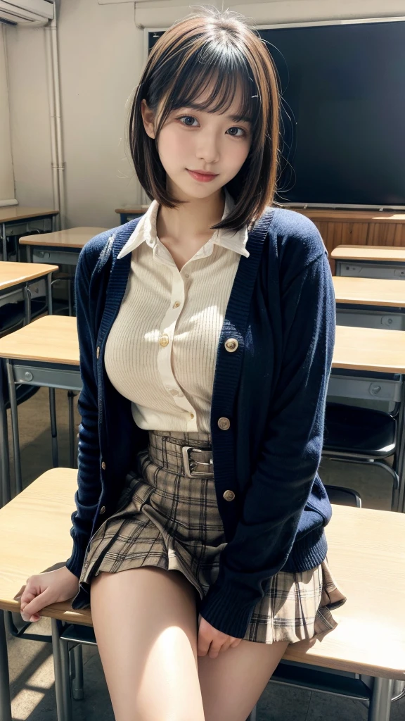 masterpiece, best quality, illustration, Super detailed, fine details, High resolution, 8K,wall paper, perfect dynamic composition,(Details High quality, realistic depiction of eyes:1.3), High School Classroom、High school girl uniform、Cardigan、Super Short Check Uniform Skirt、Navy blue high socks、garterbelts、Colossal 、Disturbed uniform、short bob hair, black hair color, Big Natural Color Lip, bold sexyse, (perfect body shape), crying a little、Harajuku style、20 year old girl、cute type, beautiful legs, hposing Gravure Idol, Voluptuous thighs
