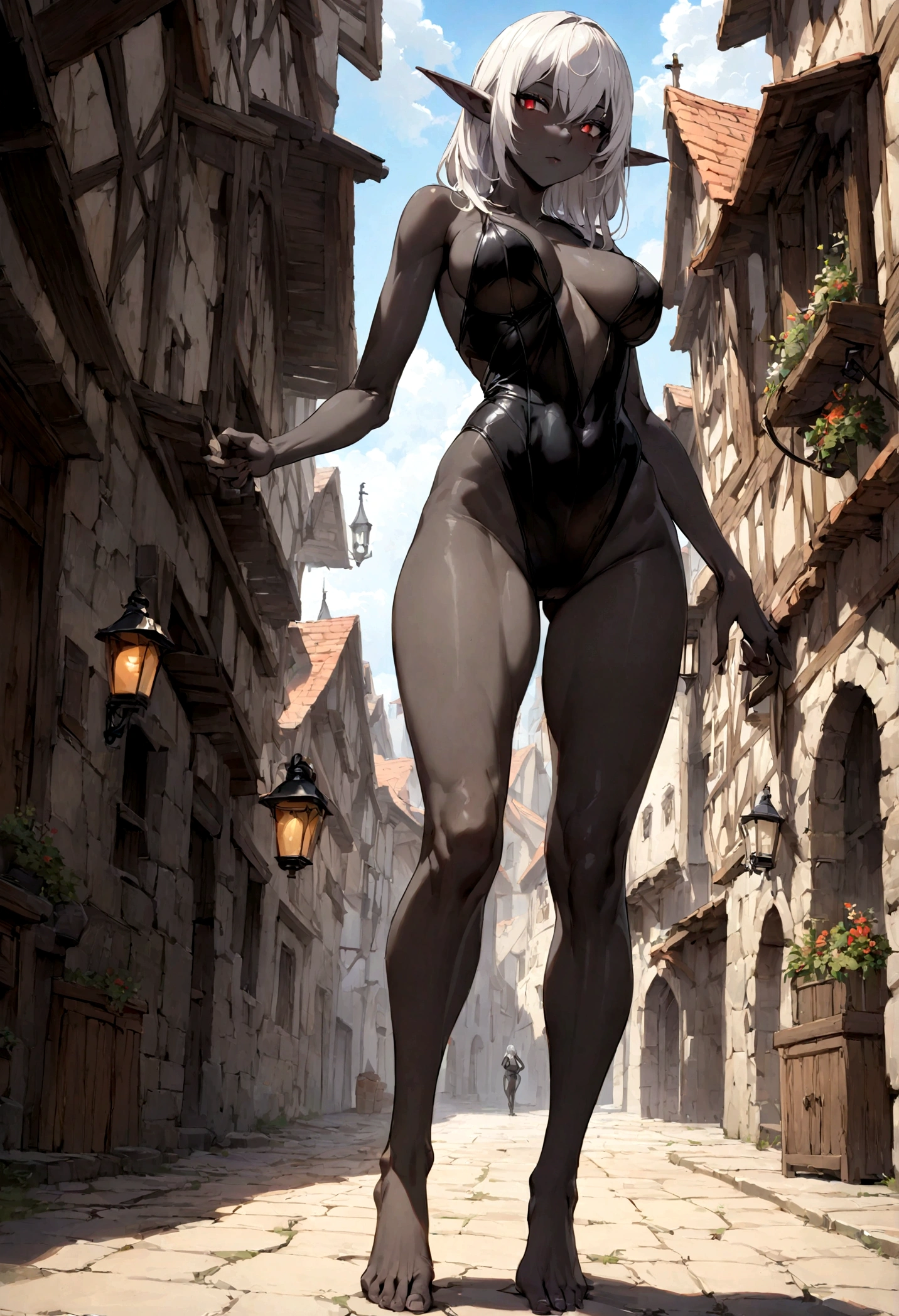 ((best quality)), ((masterpiece)),((detailed)), drow, dark elf, woman with white hair, red pupils, very dark skin, dark skin, black skin, ((very black skin)), focus on face, eighteen years old, sexy, sensual, long legs, athletic body, well-toned body, skinny body, fullbody, large breasts, open neckline, sexy black armor, skinny thighs, medium hair, long eyelashes, elf ears, black colored skin, sunny medieval town 