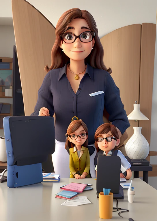 uma mulher executiva de 45 anos, wears black-framed glasses. Rosto fio, Shoulder-length brown straight hair. Olhos cor escuro. Veste camisa azul marinho