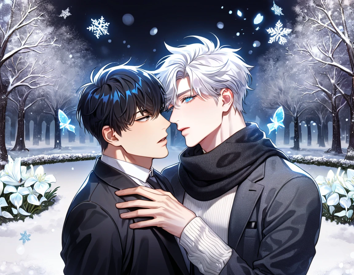 absurdres, highres, ultra detailed, HDR, master piece, best quality, extremely detailed face, delicated features, Kang Woojin, black messy hair, expressive dark blue eyes, Love Jinx, Gojou Satoru, white hair, expressive blue eyes, two sexy men together, gay couple, yaoi, handsome, toned chest, black coat, white sweater, black scarf, fantasy, magical, radiant, snowing, winter, snowflakes, white ice butterflies, ice lilies, park