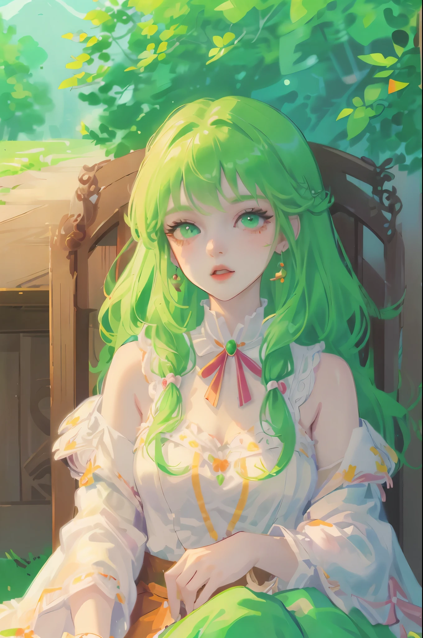 ((best quality)), ((masterpiece)), (detailed), 1 girl, white woman, big bright green eyes, freckles on face, long straight orange hair with red gradient down, orange bangs on the forehead, tender dress with an air of lolita fashion, in the middle of nature, cute anime animation style