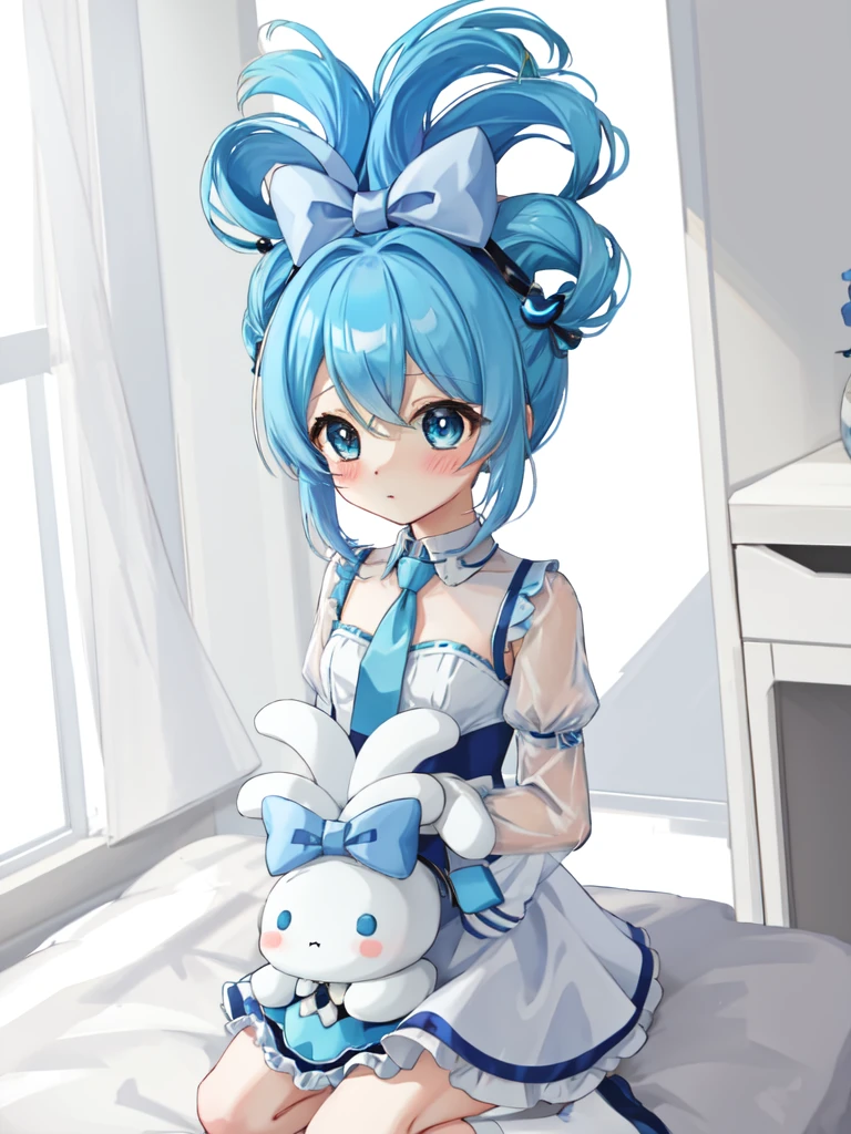 1girl, solo, Cinnamiku, blue hair, blue eyes, hair rings, hair bow, blue bow, (cinnamoroll, tied ears),  light blue hair,((blush)), (chibi:1.2),, , blue necktie, frilled collar, cute, hair_behind_ear, (chibi_style:1.2), 