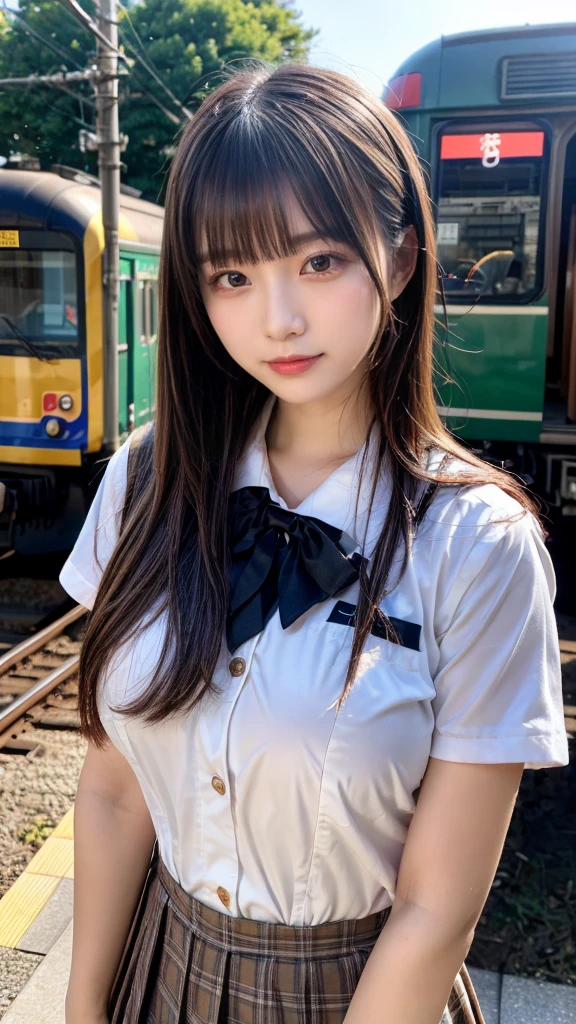 (masterpiece:1.2, highest quality), bokeh, 1 high school girl,
(Japanese idle:1.6), Plump breast, Blushed face, Looking at the viewer, standing at the train railway, high school uniform:1.6), sundown, Close up, expresses the roundness and softness of your chest