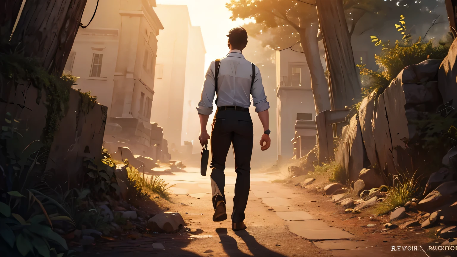 a man in a white button-down shirt and black pants, holding a bible, walking on a dirt path, view from the back, beautiful detailed face,highly detailed, cinematic lighting, dramatic shadows, warm color tones, photorealistic, masterpiece, (best quality,8k,detailed,realistic,photorealistic:1.37),dramatic lighting,vibrant colors,cinematic composition,natural setting,detailed background