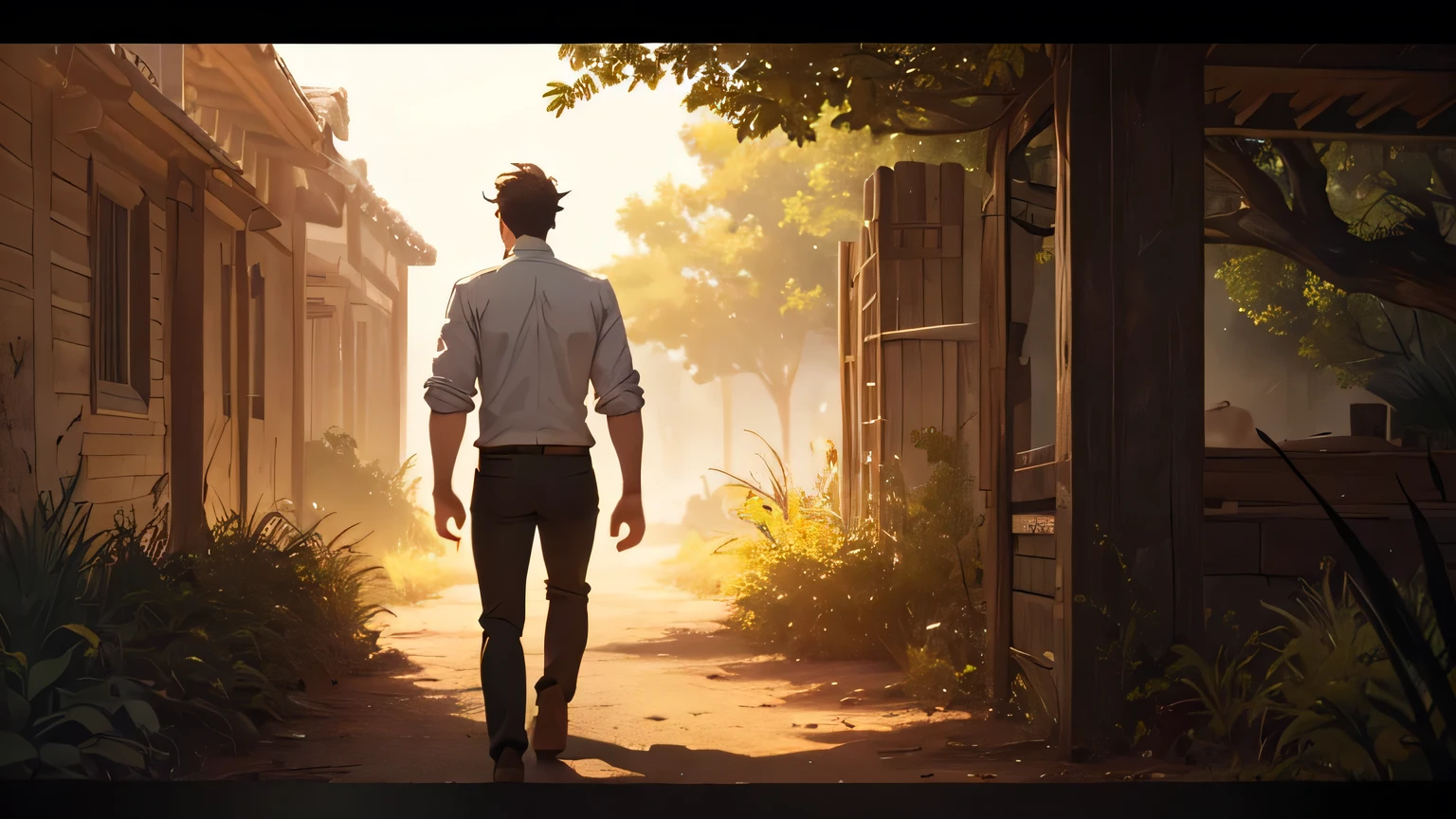 a man in a white button-down shirt and black pants, holding a bible, walking on a dirt path, view from the back, beautiful detailed face,highly detailed, cinematic lighting, dramatic shadows, warm color tones, photorealistic, masterpiece, (best quality,8k,detailed,realistic,photorealistic:1.37),dramatic lighting,vibrant colors,cinematic composition,natural setting,detailed background