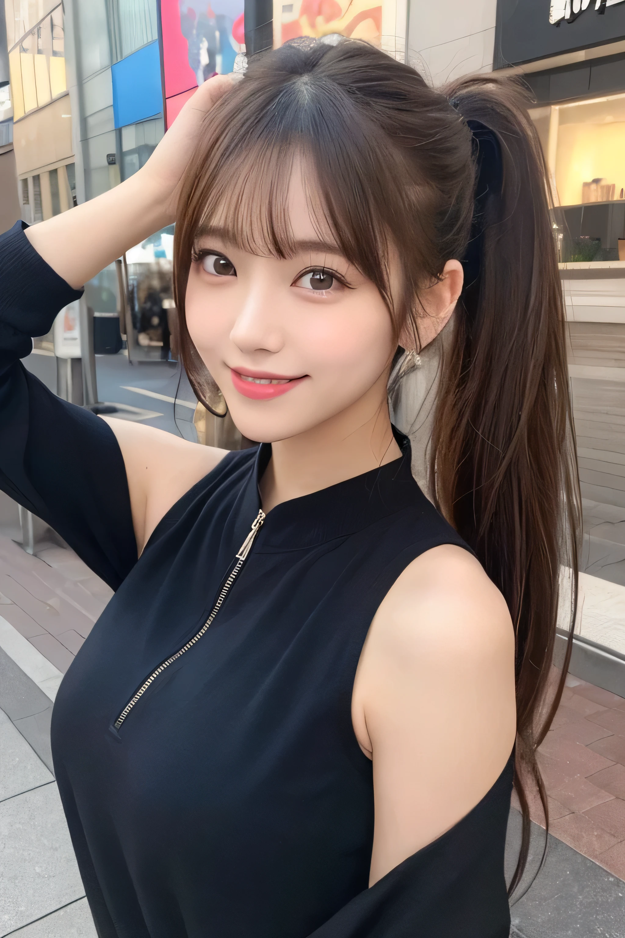 masutepiece, Best Quality, Illustration, Ultra-detailed, finely detail, hight resolution, 8K Wallpaper, Perfect dynamic composition, Beautiful detailed eyes, Women's Fashion Summer,Ponytail Hair,mid-?????, Natural Color Lip, Bold ???? poses,Smile,Harajuku、20 years girl、Cute、???? shot looking at camera, middle ???????,