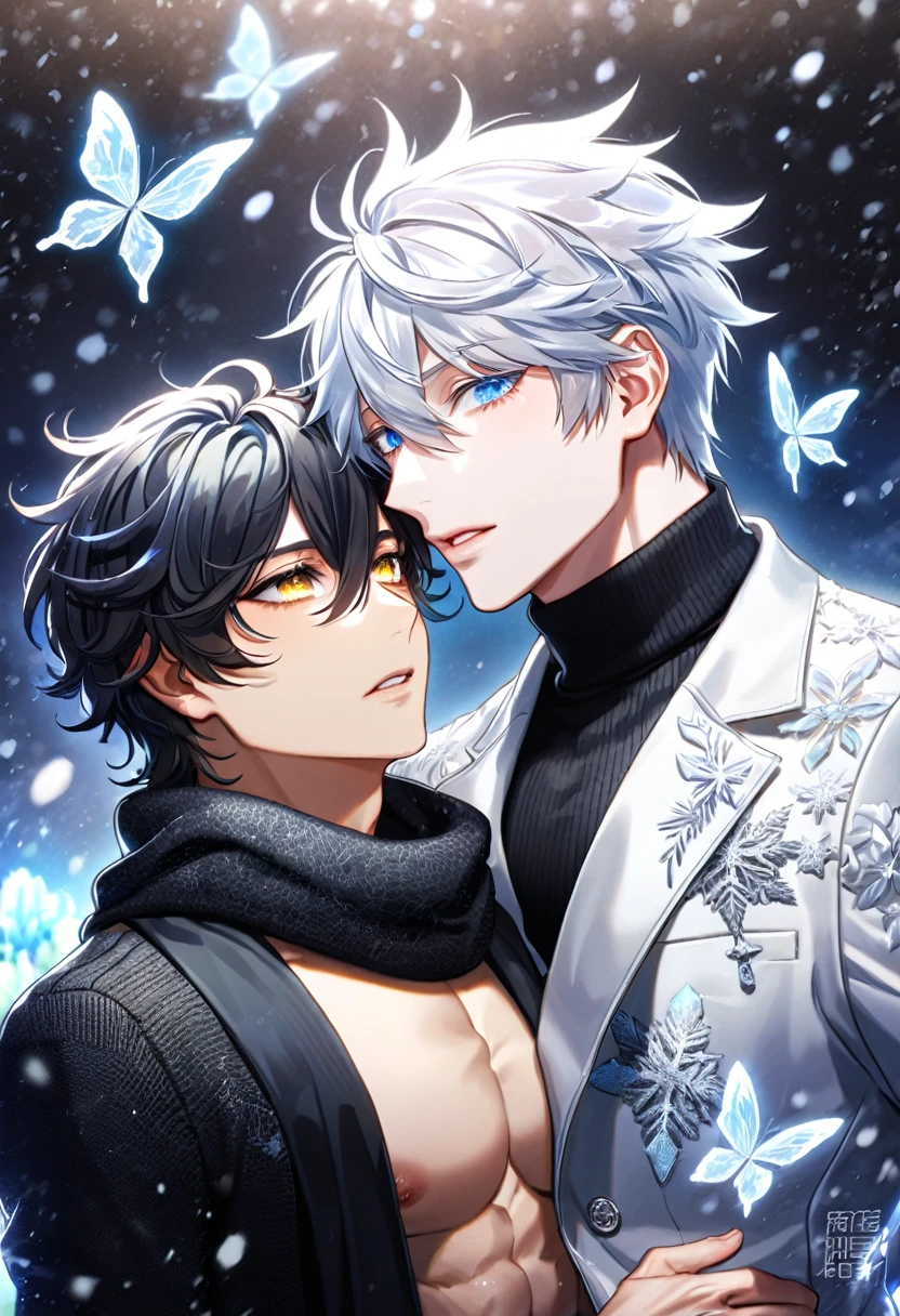 absurdres, highres, ultra detailed, HDR, master piece, best quality, extremely detailed face, delicated features, Zwei, black slightly wavy hair, hair between the eyes, expressive yellow eyes, Code Zero, Gojou Satoru, white hair, expressive blue eyes, two sexy men together, gay couple, yaoi, handsome, toned chest, black coat, black sweater, black scarf, white coat, fantasy, magical, radiant, snowing, winter, snowflakes, white ice butterflies, ice lilies, park